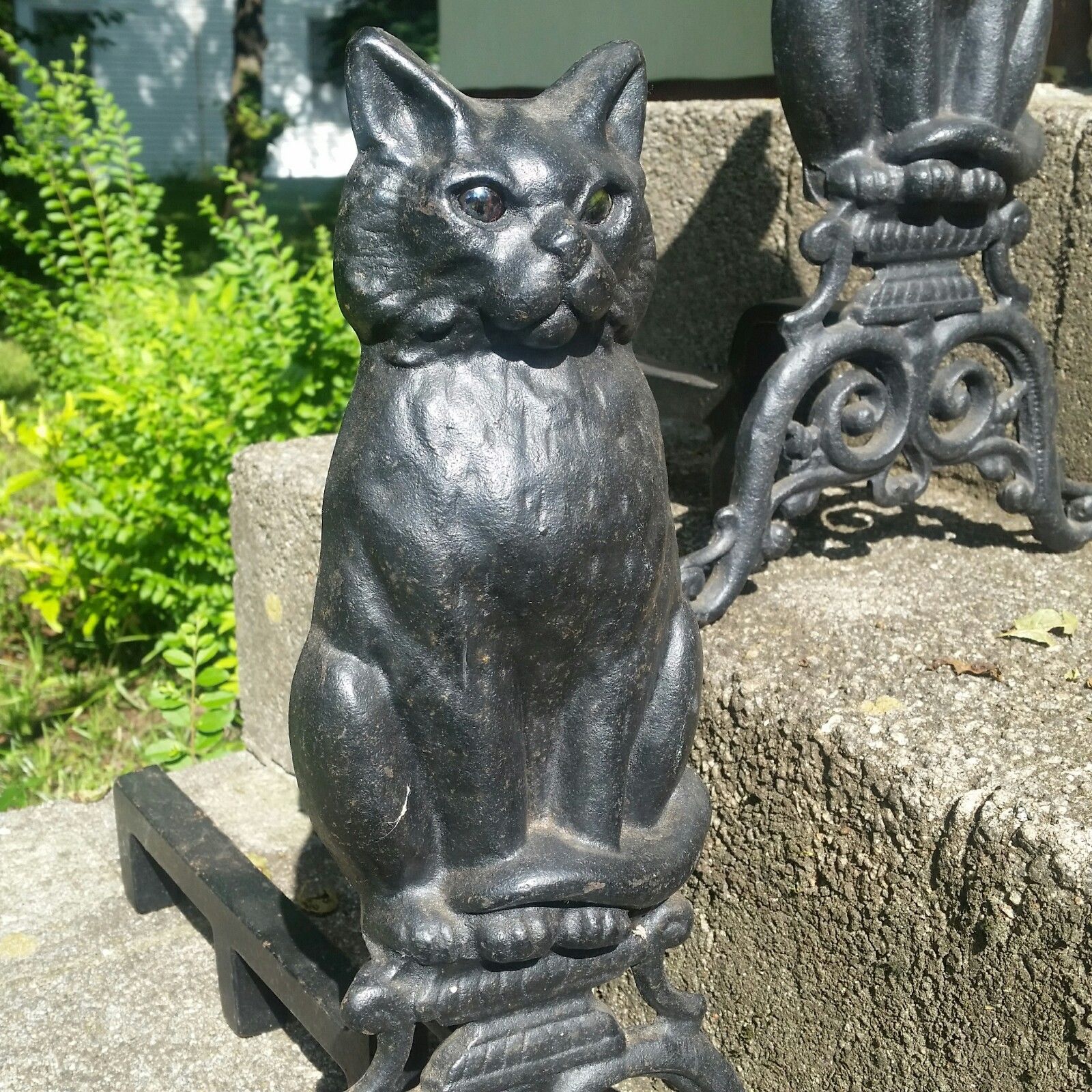 Antique 17" Black Cats Cast Iron Vintage Fireplace Andirons Glass Marble Eyes