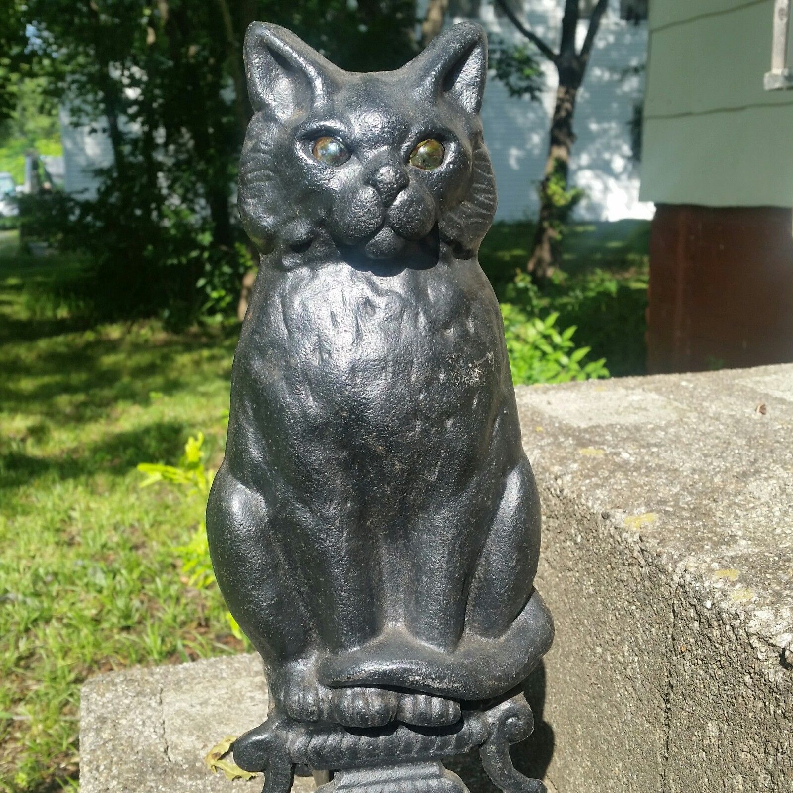 Antique 17" Black Cats Cast Iron Vintage Fireplace Andirons Glass Marble Eyes