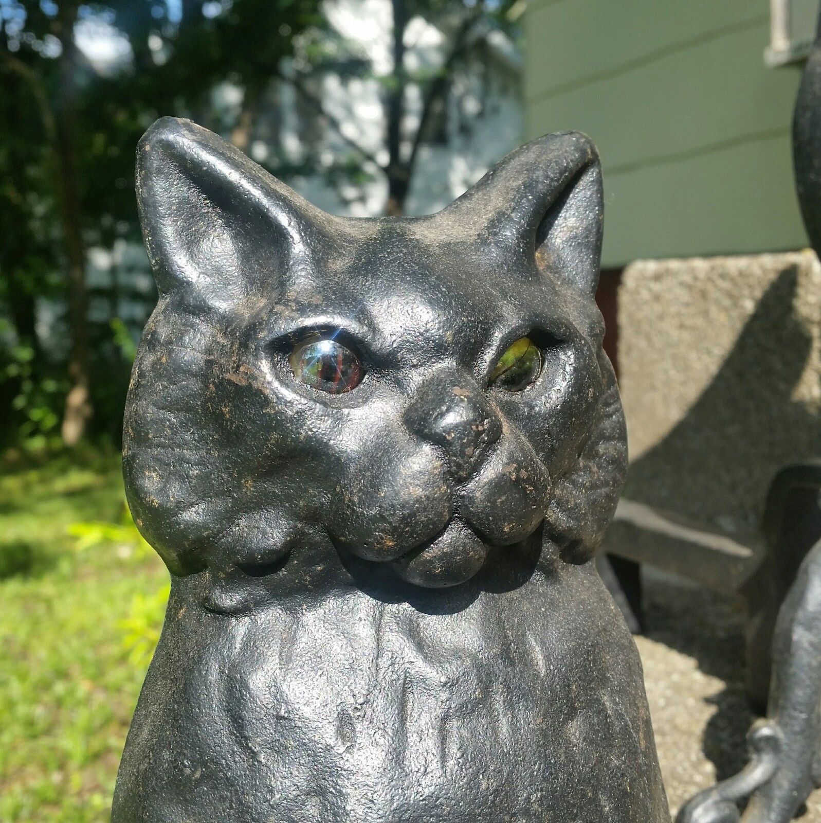 Antique 17" Black Cats Cast Iron Vintage Fireplace Andirons Glass Marble Eyes