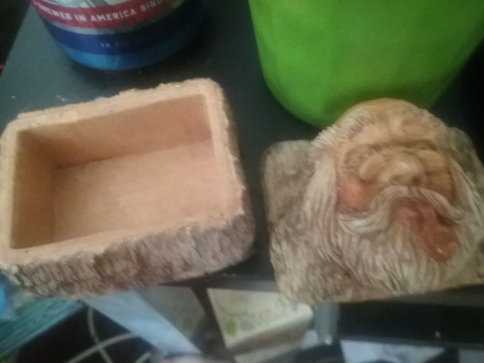 old man smoking pipe trinket box, tree spirit? Antique 1991