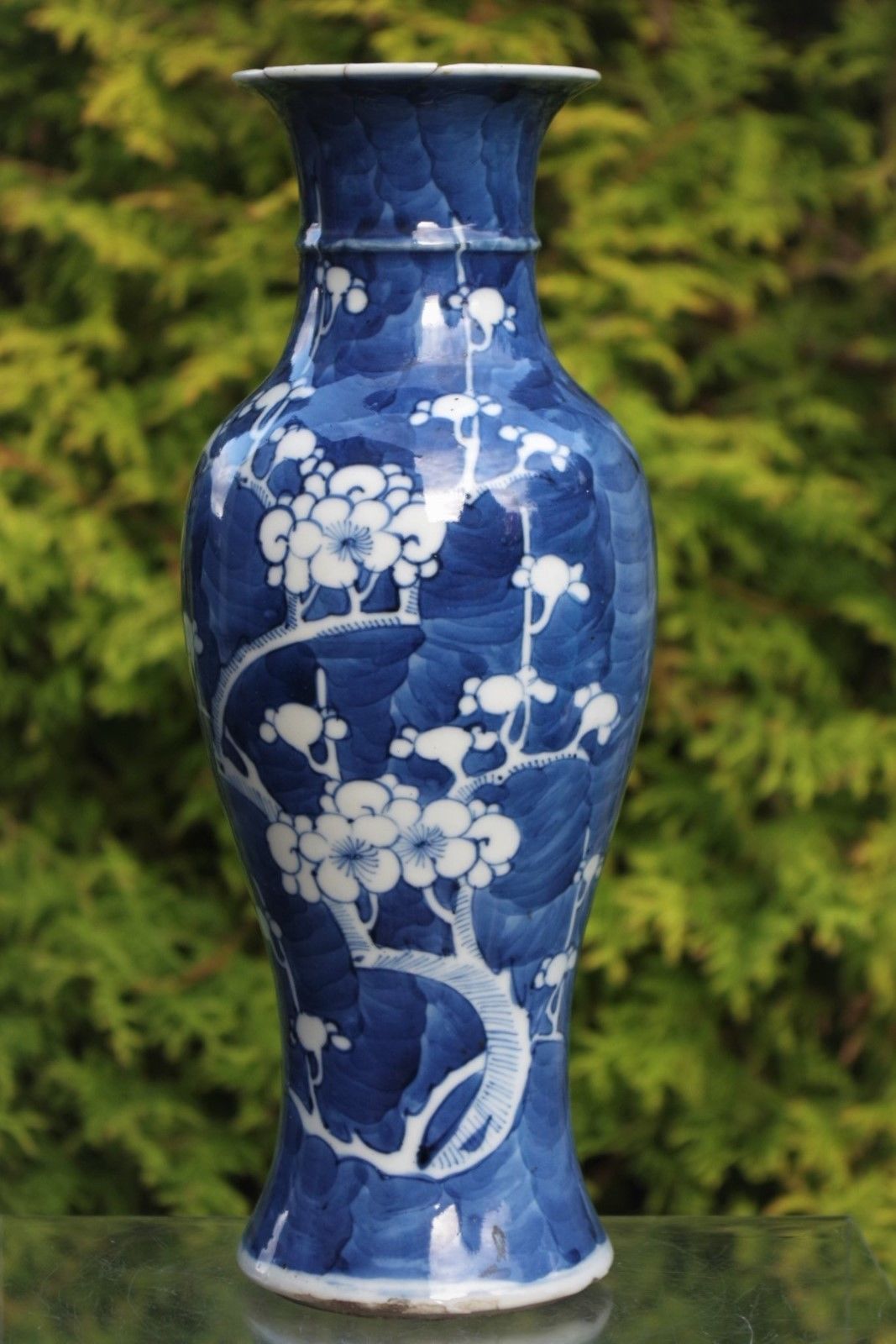 Beautiful Antique Chinese Blue and White Prunus Vase - with mark