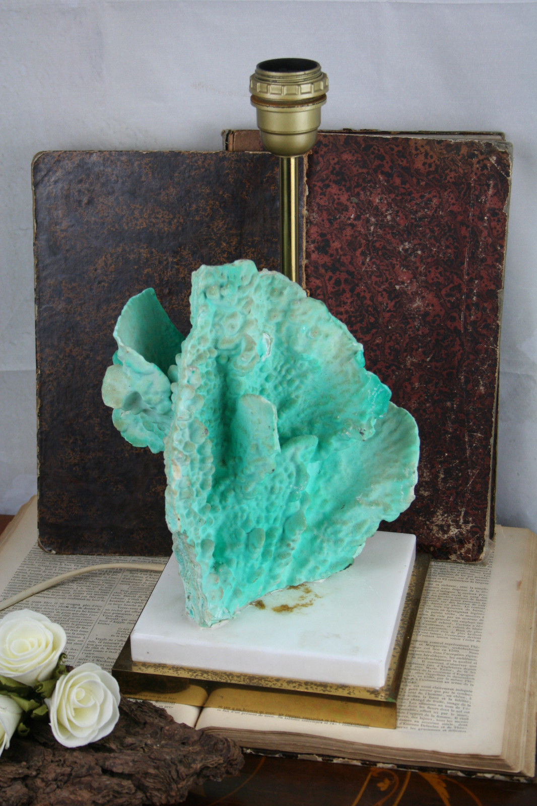 Mid-Century 1960 Table Lamp France Stone turquoise blue mineral Retro rare piece