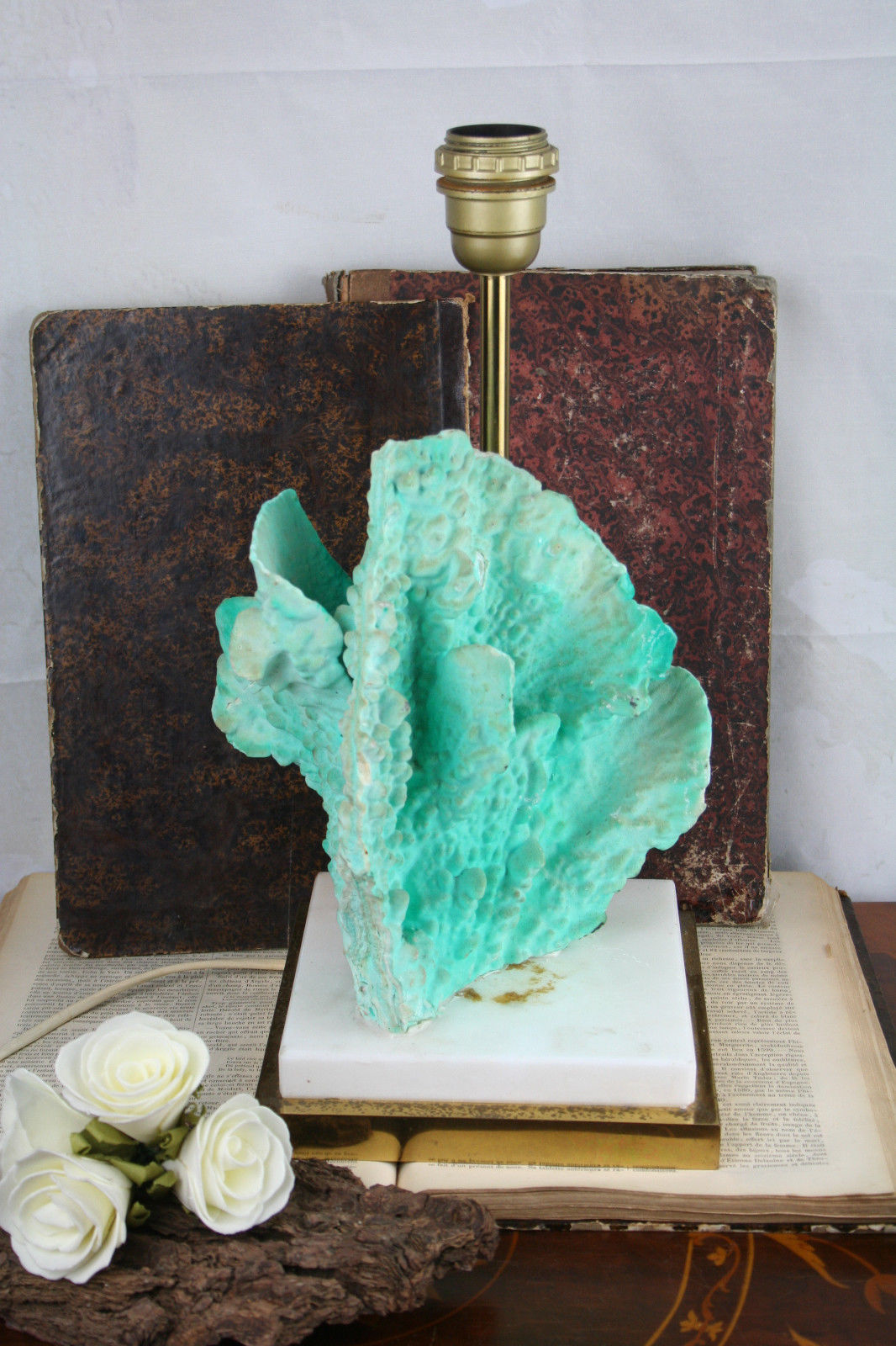 Mid-Century 1960 Table Lamp France Stone turquoise blue mineral Retro rare piece