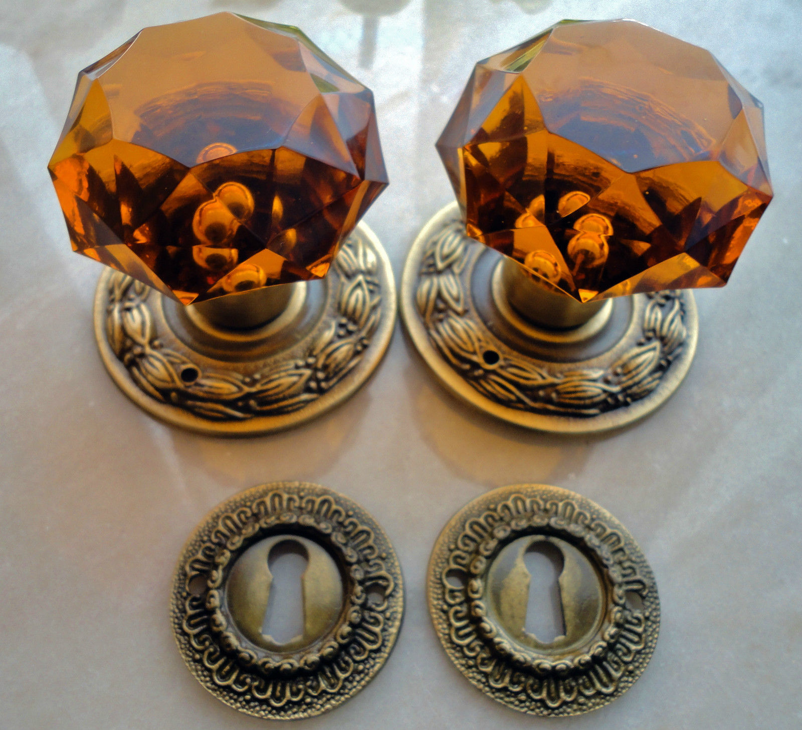 1 Pair VINTAGE (ANTIQUE) DOOR KNOBS cut AMBER CRYSTAL ( glass)  HANDLES 60mm