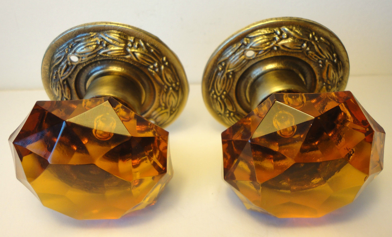 1 Pair VINTAGE (ANTIQUE) DOOR KNOBS cut AMBER CRYSTAL ( glass)  HANDLES 60mm