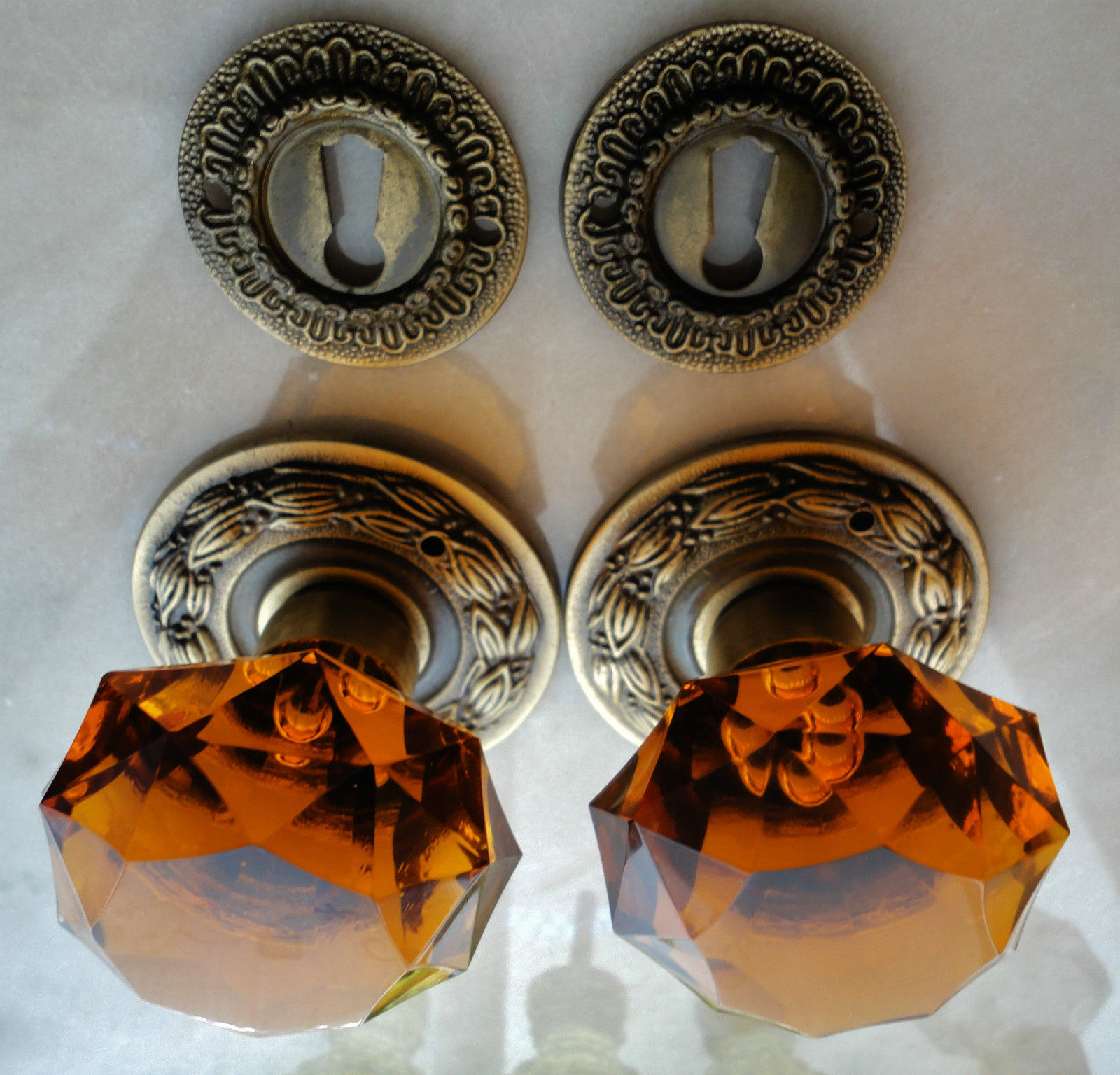 1 Pair VINTAGE (ANTIQUE) DOOR KNOBS cut AMBER CRYSTAL ( glass)  HANDLES 60mm