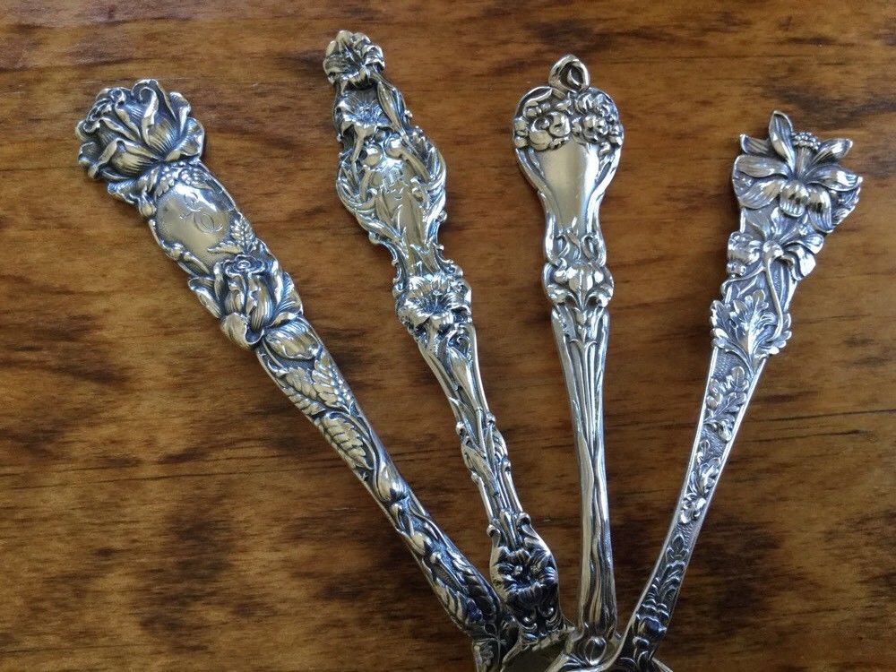 Rare Set of 4 Floral flower Spoons 82g Sterling Silver Antique Alvin Whiting