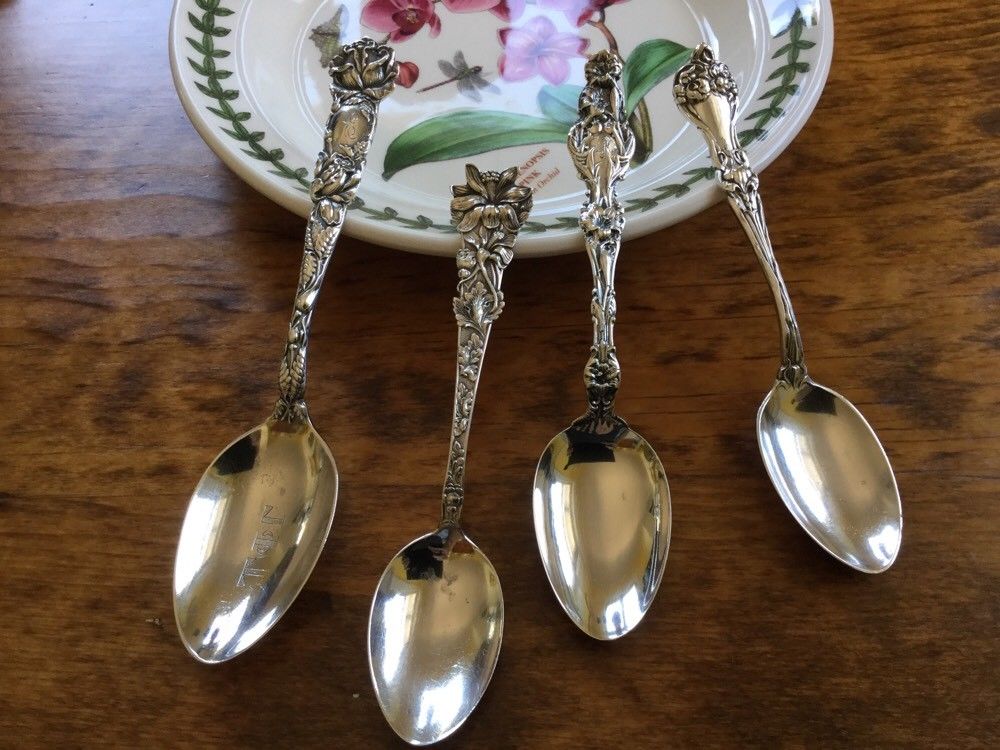 Rare Set of 4 Floral flower Spoons 82g Sterling Silver Antique Alvin Whiting