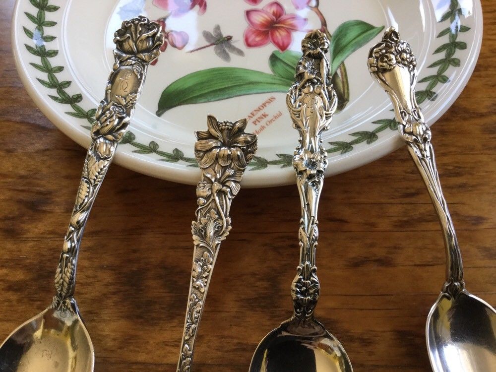 Rare Set of 4 Floral flower Spoons 82g Sterling Silver Antique Alvin Whiting