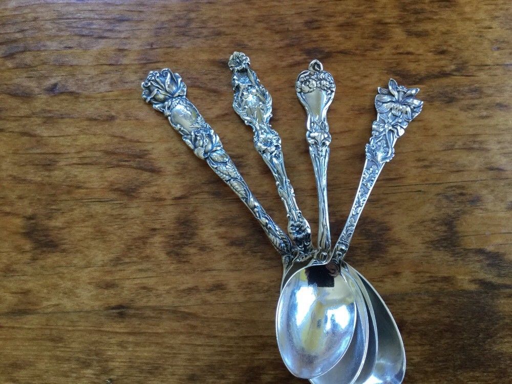 Rare Set of 4 Floral flower Spoons 82g Sterling Silver Antique Alvin Whiting