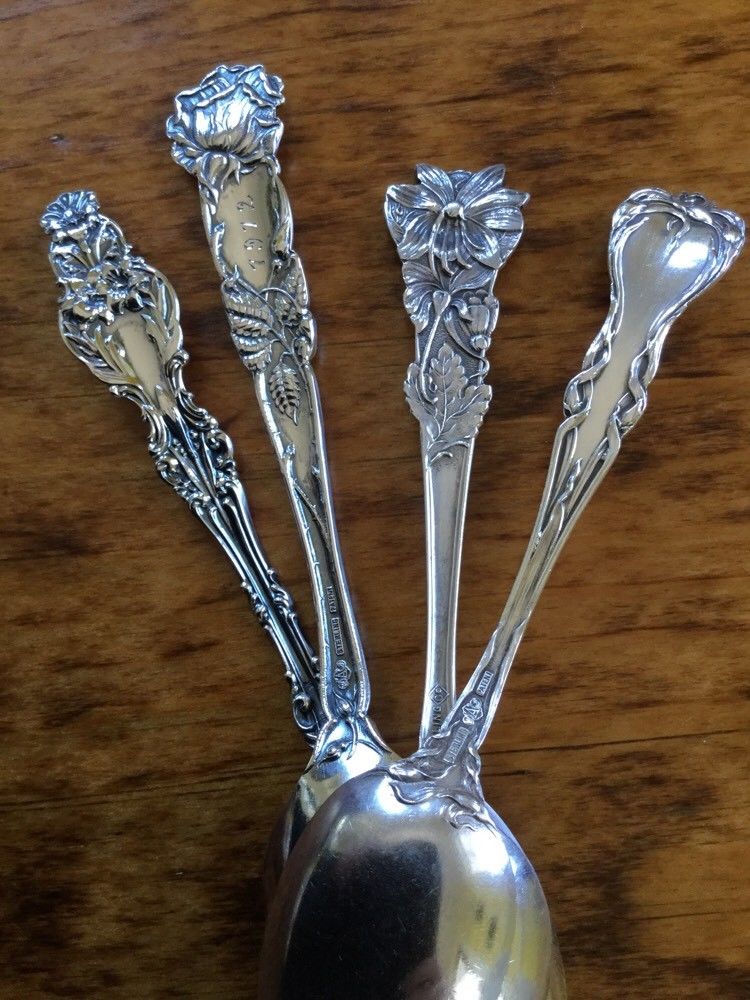 Rare Set of 4 Floral flower Spoons 82g Sterling Silver Antique Alvin Whiting