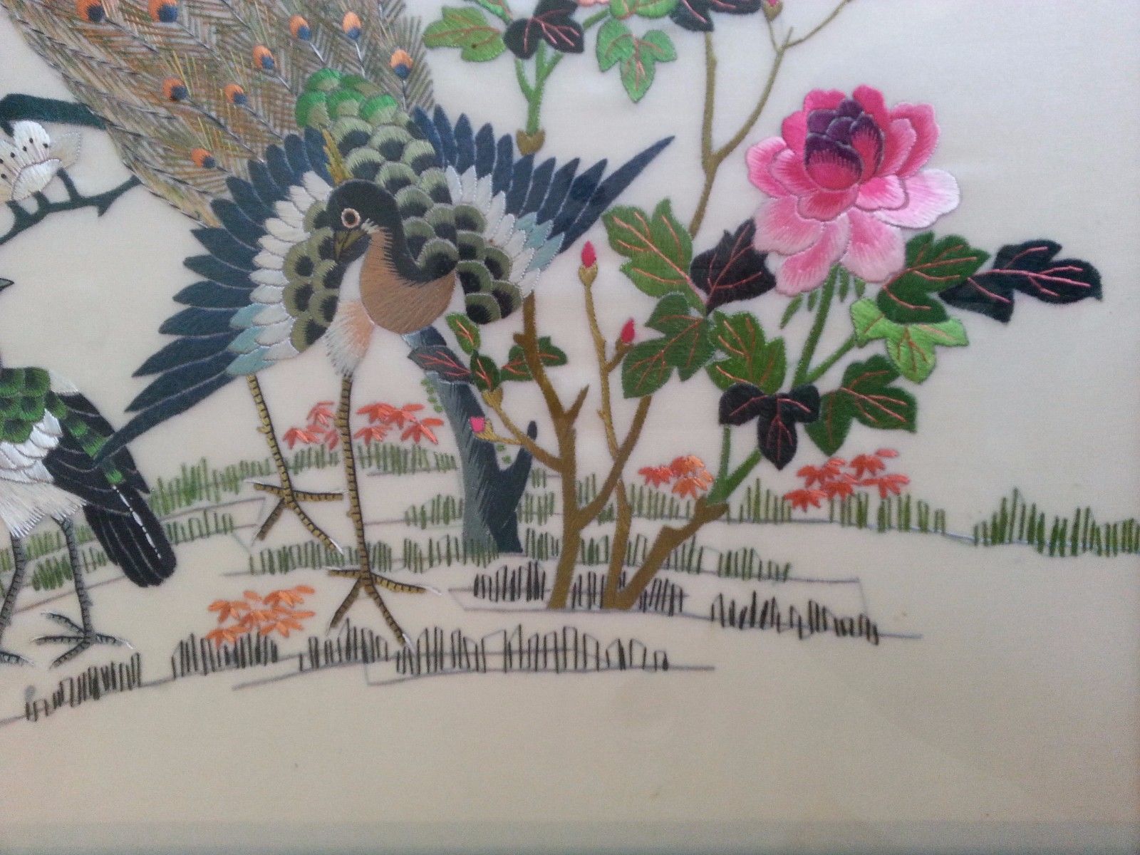 VINTAGE Chinese Hand-Made Embroidery w/ Frame-Colorful Peacocks