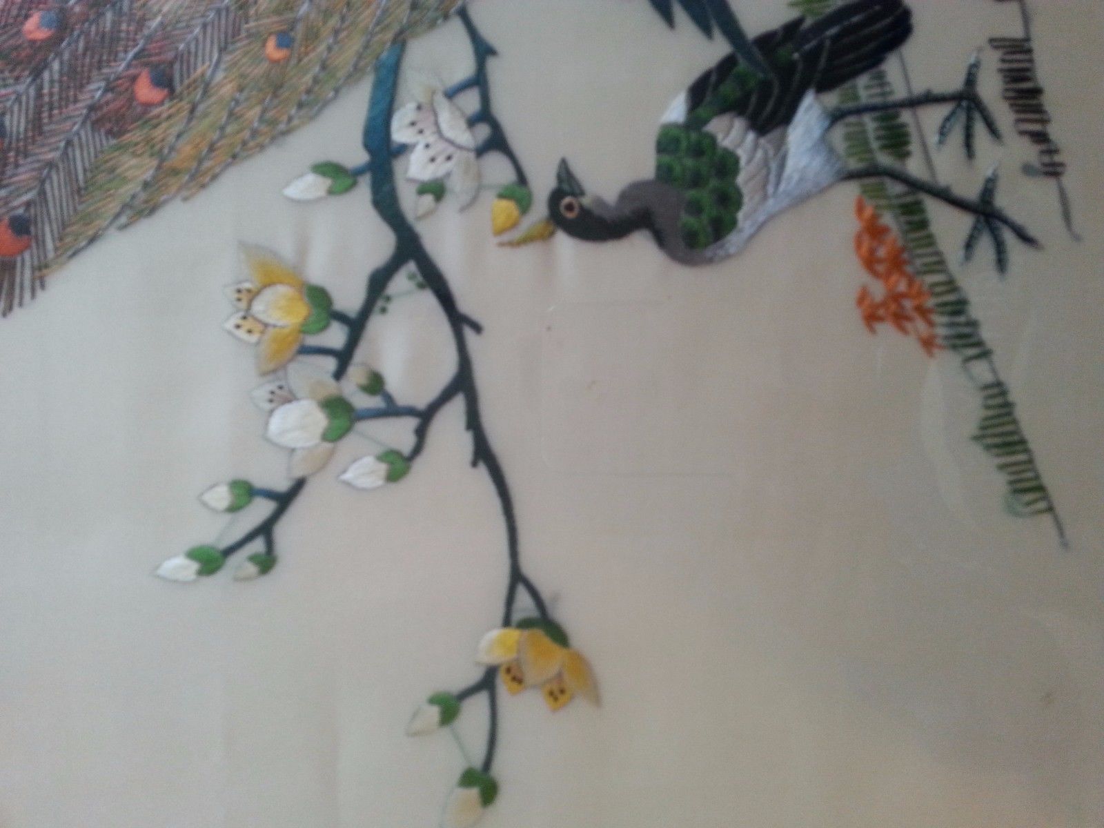 VINTAGE Chinese Hand-Made Embroidery w/ Frame-Colorful Peacocks