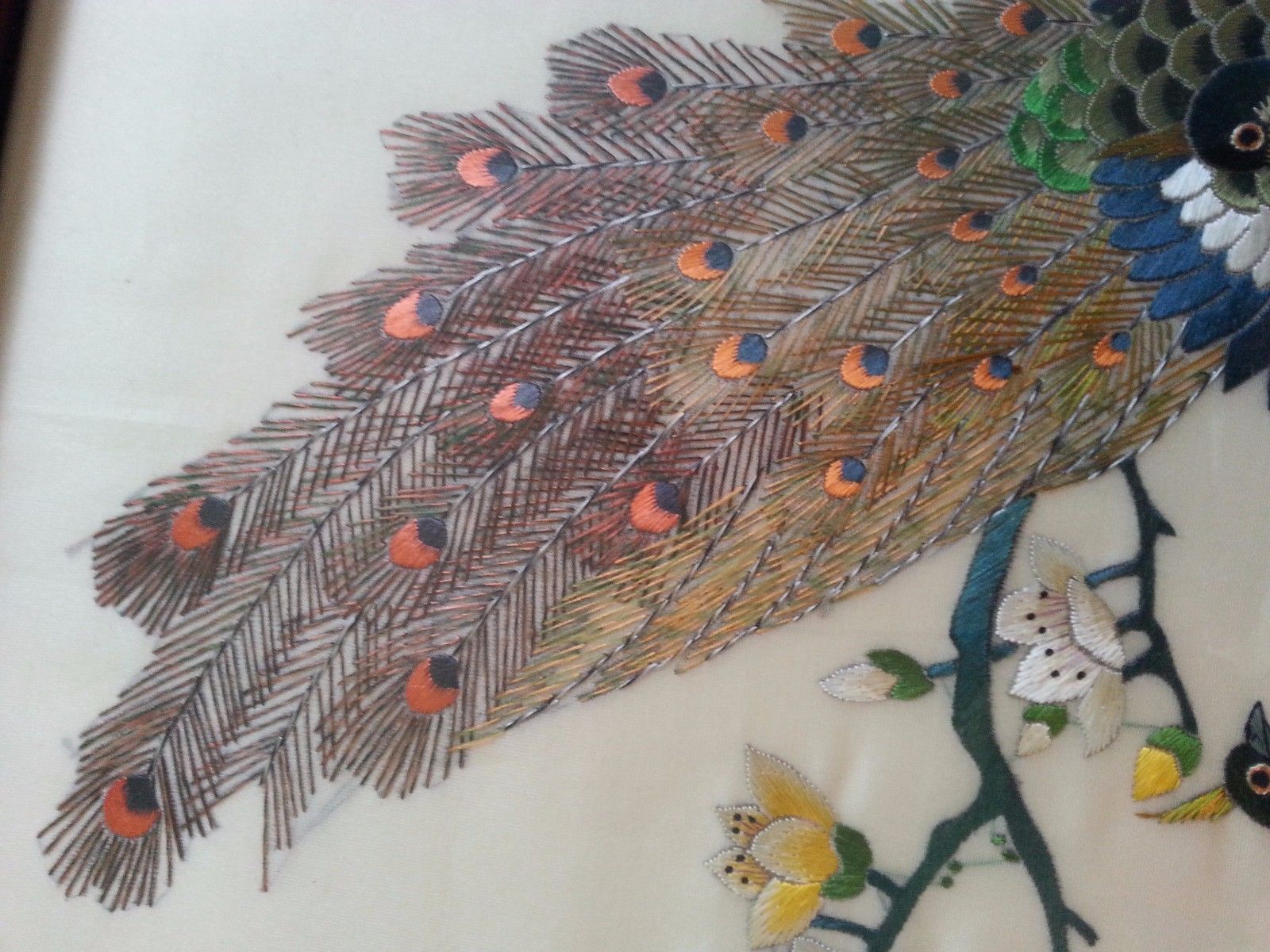 VINTAGE Chinese Hand-Made Embroidery w/ Frame-Colorful Peacocks