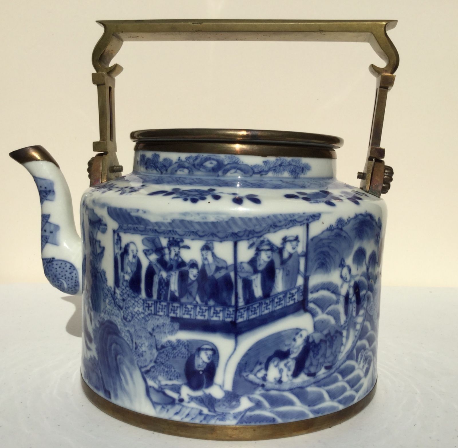 Chinese Blue and White Teapot, Immortals, late 18th - 19th century, Xuande mark.