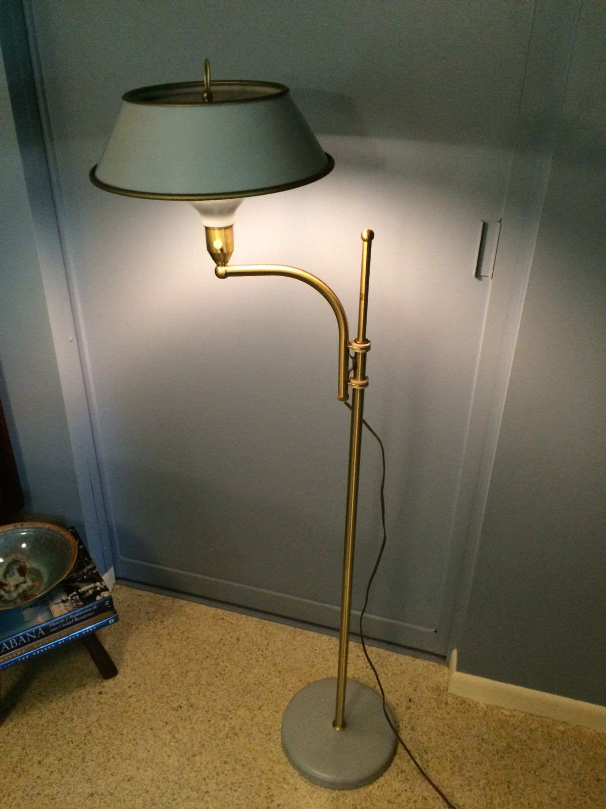 Wheeler Mid Century Modern Brass Floor Lamp Swing Arm Toleware Shade 1930s