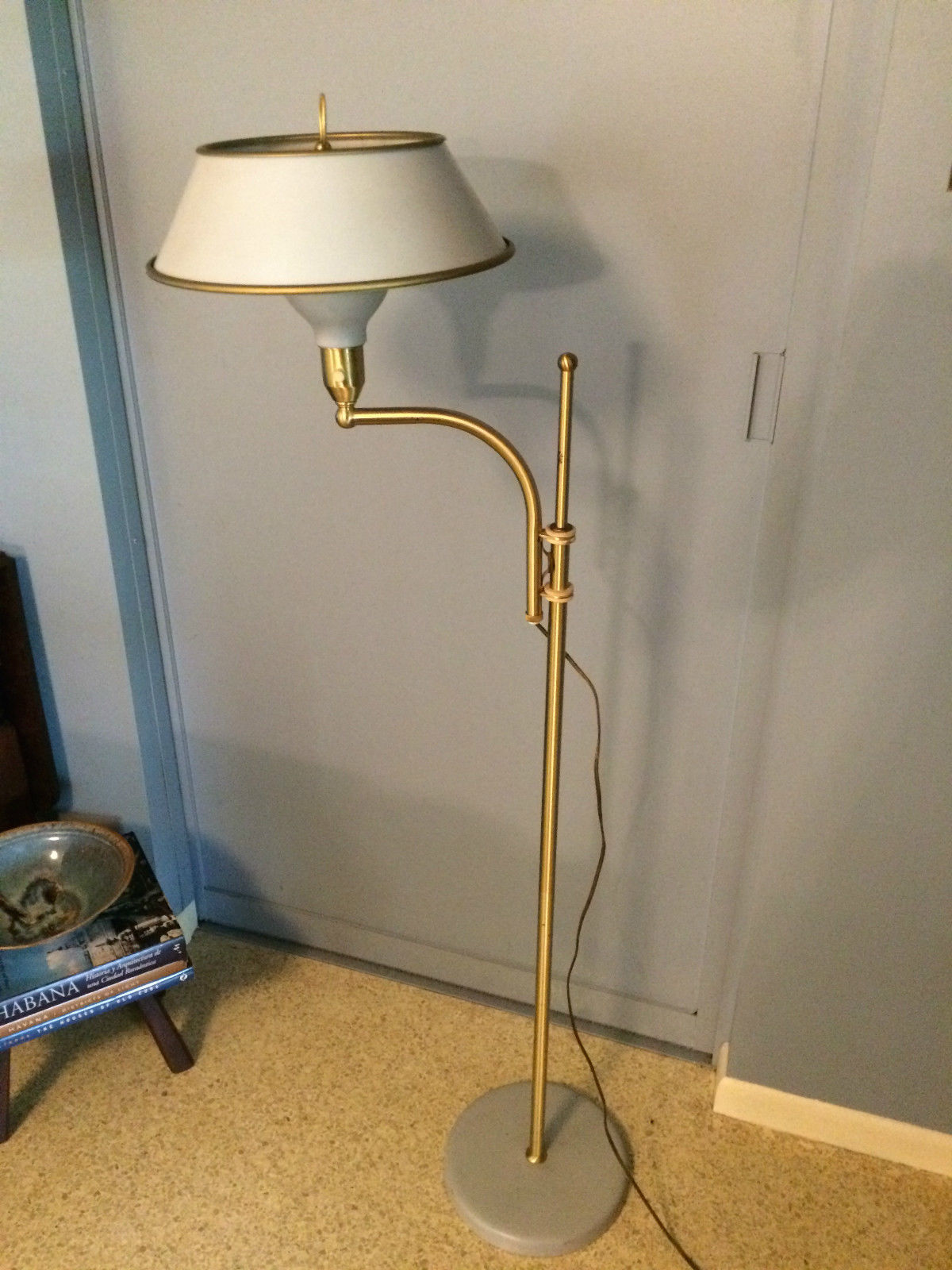 Wheeler Mid Century Modern Brass Floor Lamp Swing Arm Toleware Shade 1930s