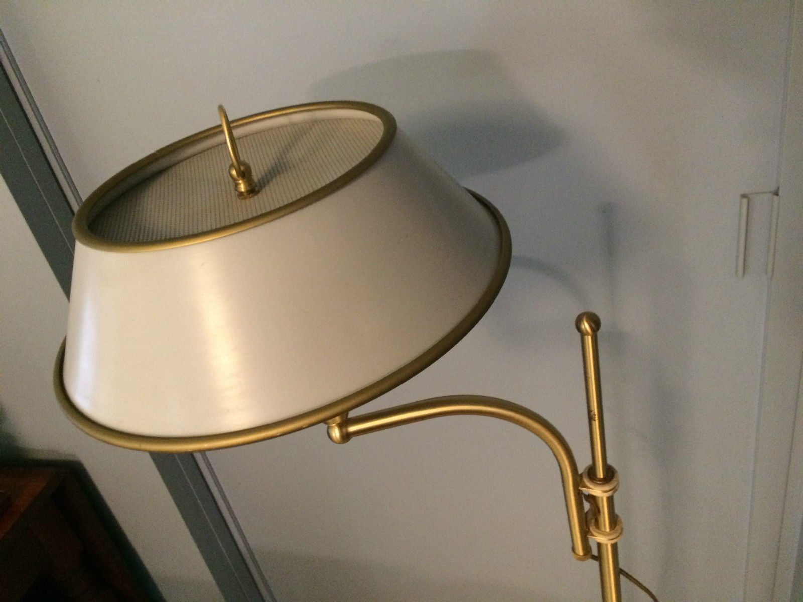 Wheeler Mid Century Modern Brass Floor Lamp Swing Arm Toleware Shade 1930s