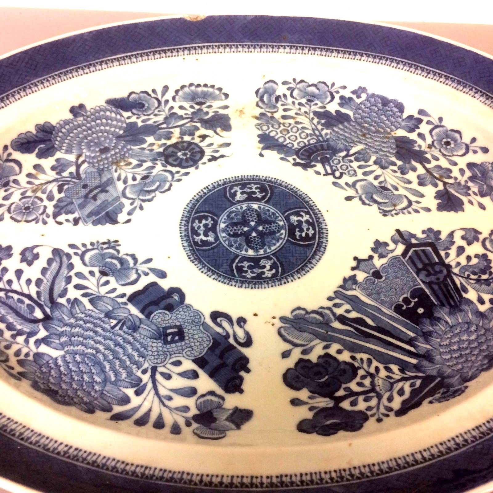 Large Antique Chinese Export Blue Fitzhugh Platter 17" Damaged