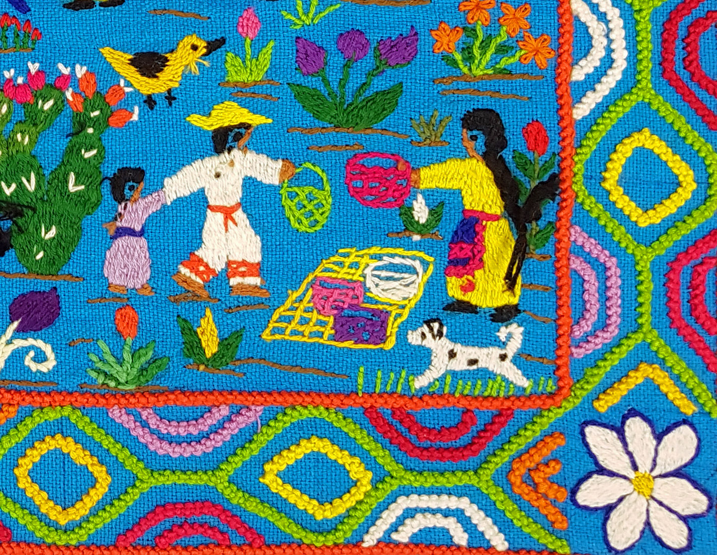 Mexican embroidery depicting village scene