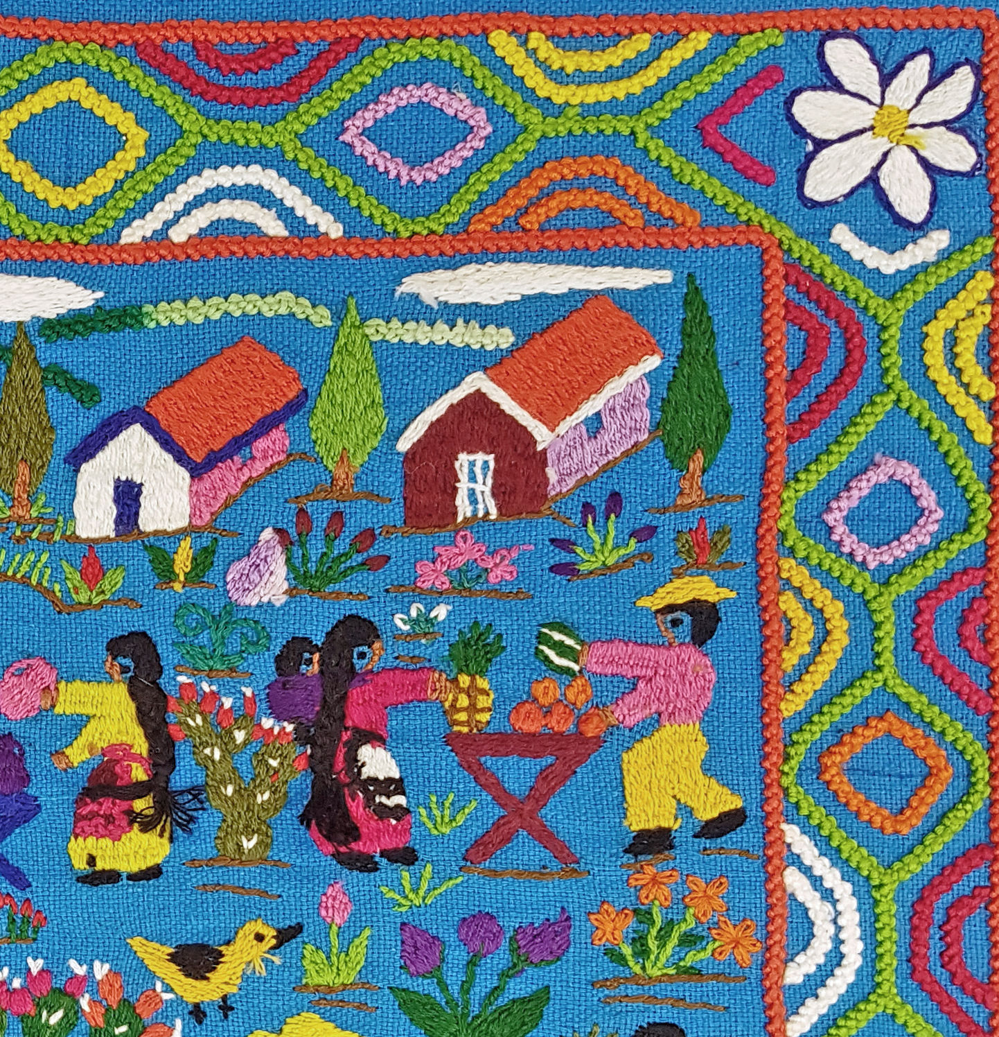 Mexican embroidery depicting village scene