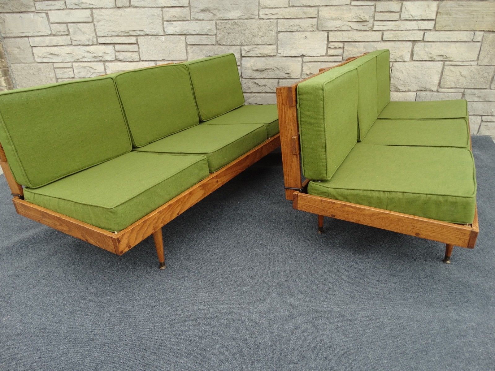 Pair of Mid Century Modern Oak & Avocado Green Floating Bench Settee Sofas
