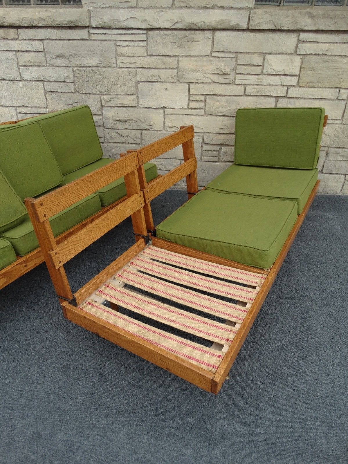 Pair of Mid Century Modern Oak & Avocado Green Floating Bench Settee Sofas