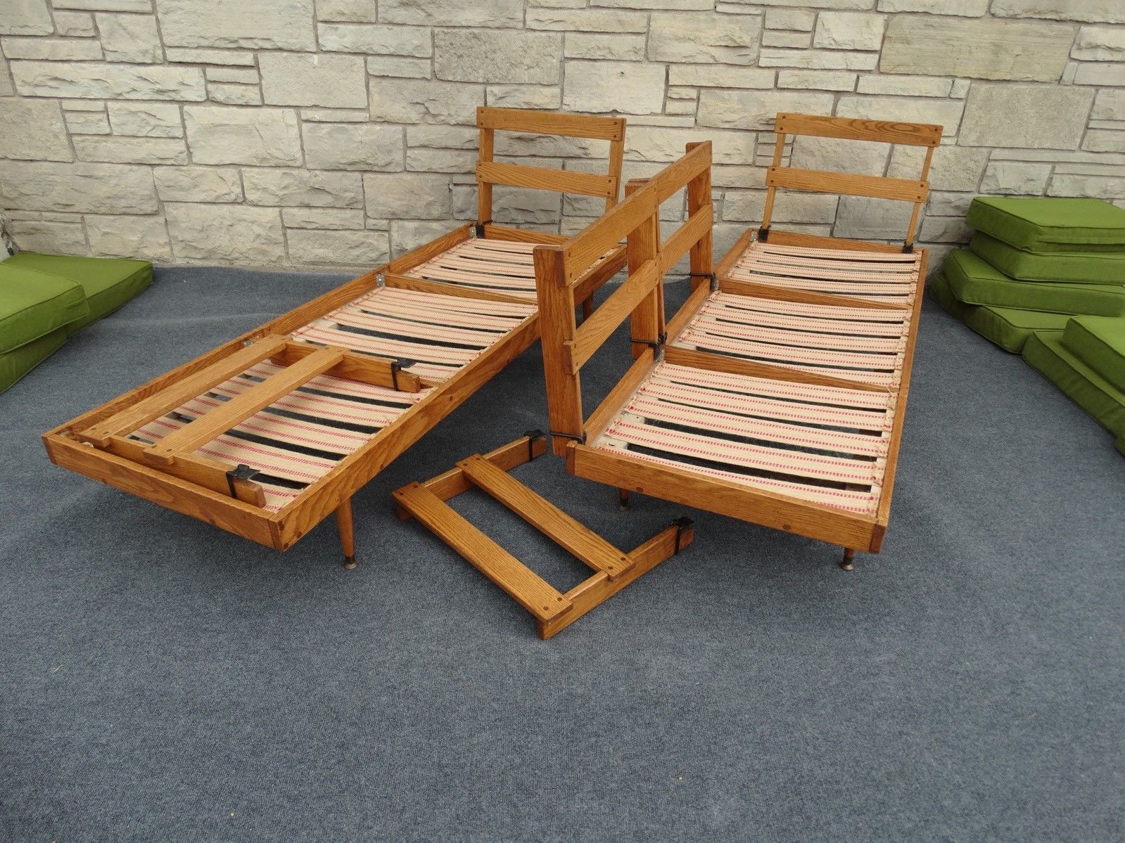 Pair of Mid Century Modern Oak & Avocado Green Floating Bench Settee Sofas