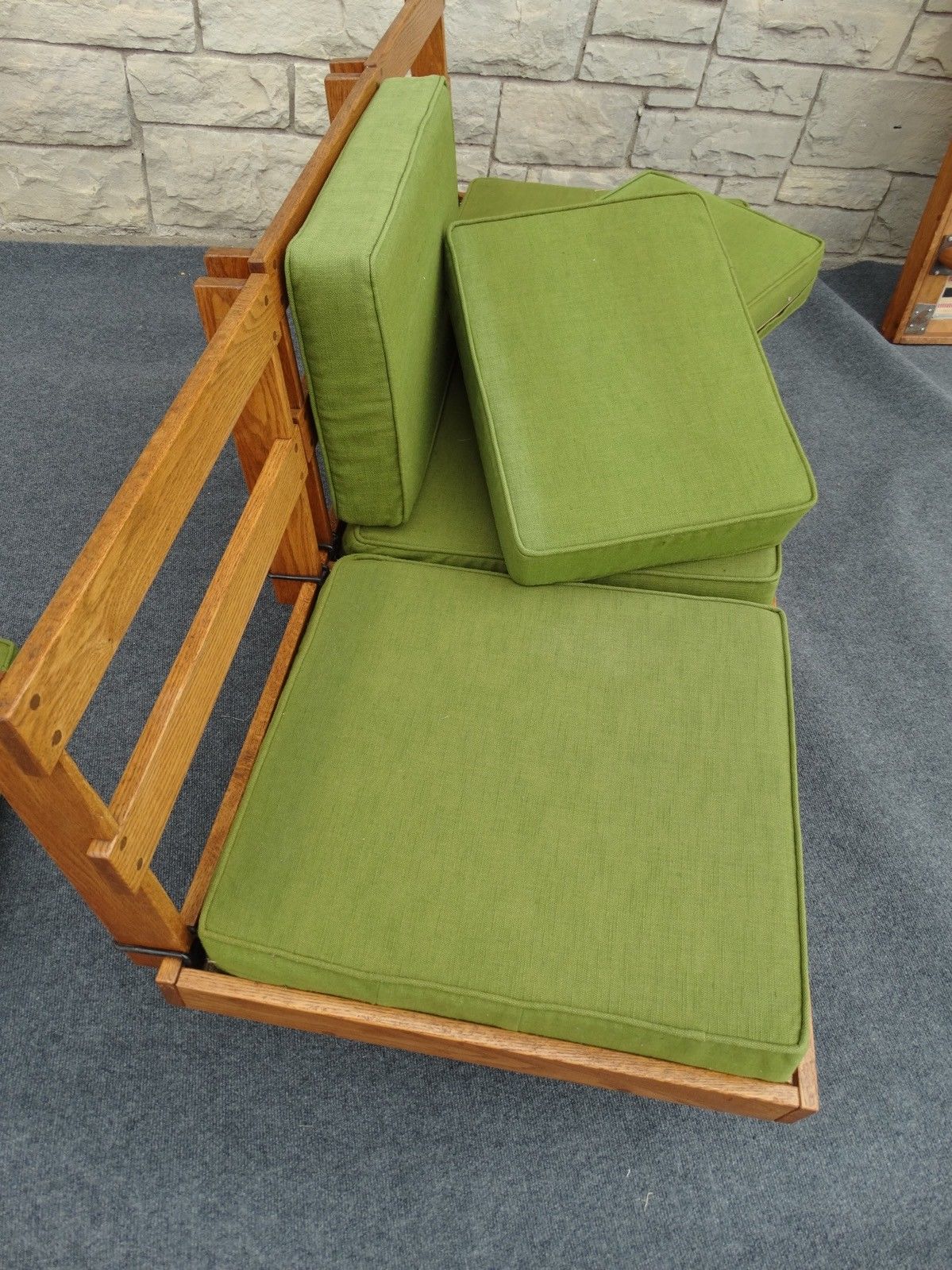 Pair of Mid Century Modern Oak & Avocado Green Floating Bench Settee Sofas