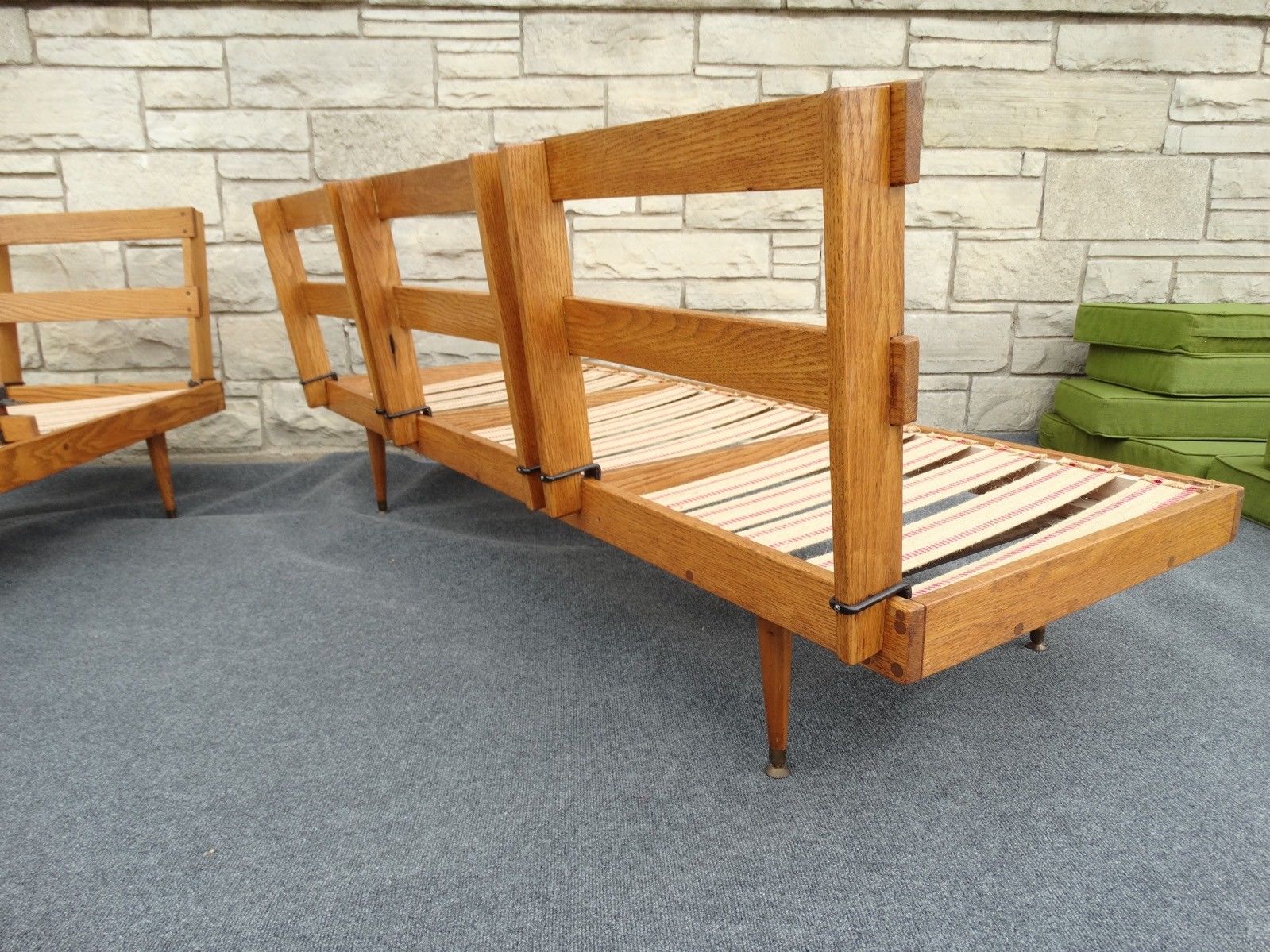 Pair of Mid Century Modern Oak & Avocado Green Floating Bench Settee Sofas