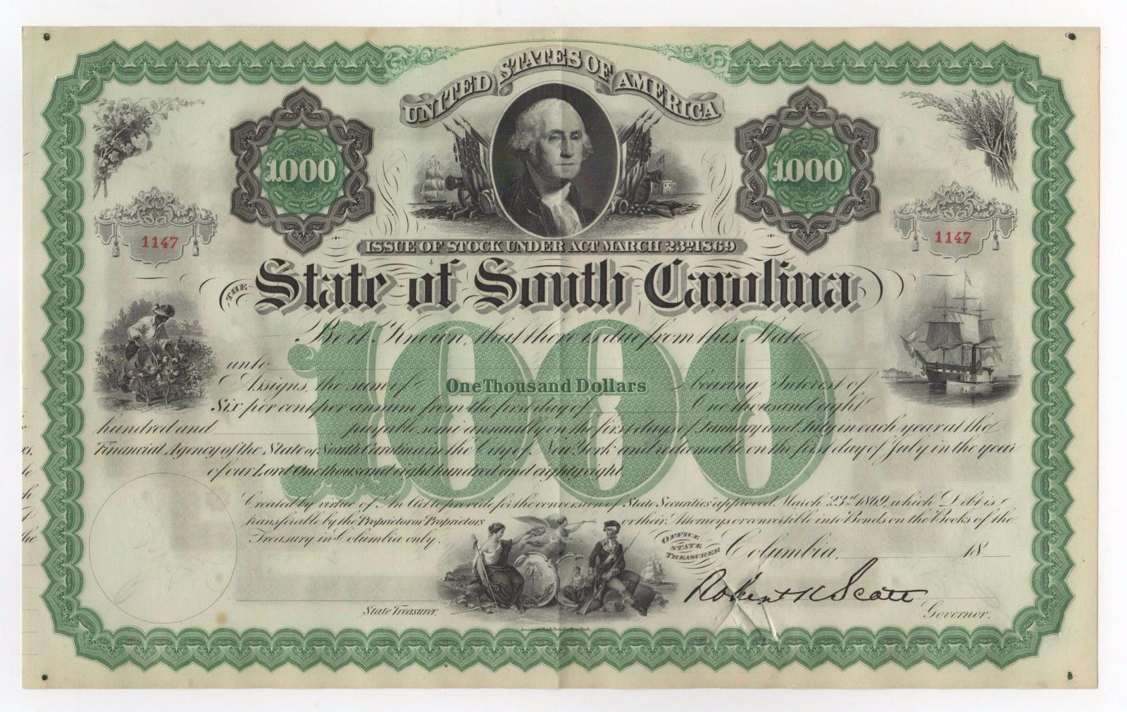 1800's $1000 The State of SOUTH CAROLINA Bond