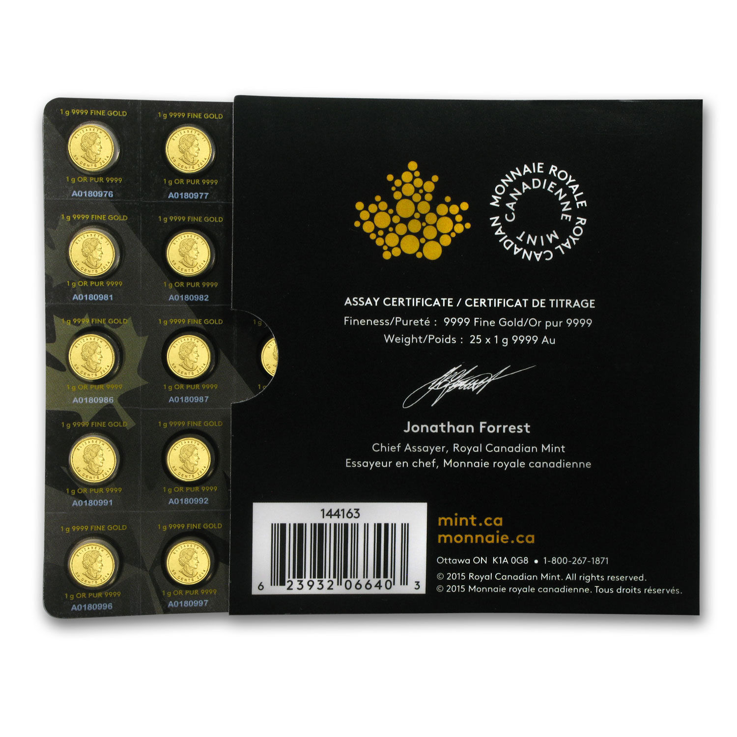 2015 25x 1 gram Gold Maple Leafs - Maplegram25™ (In Assay Sleeve) - SKU #86165