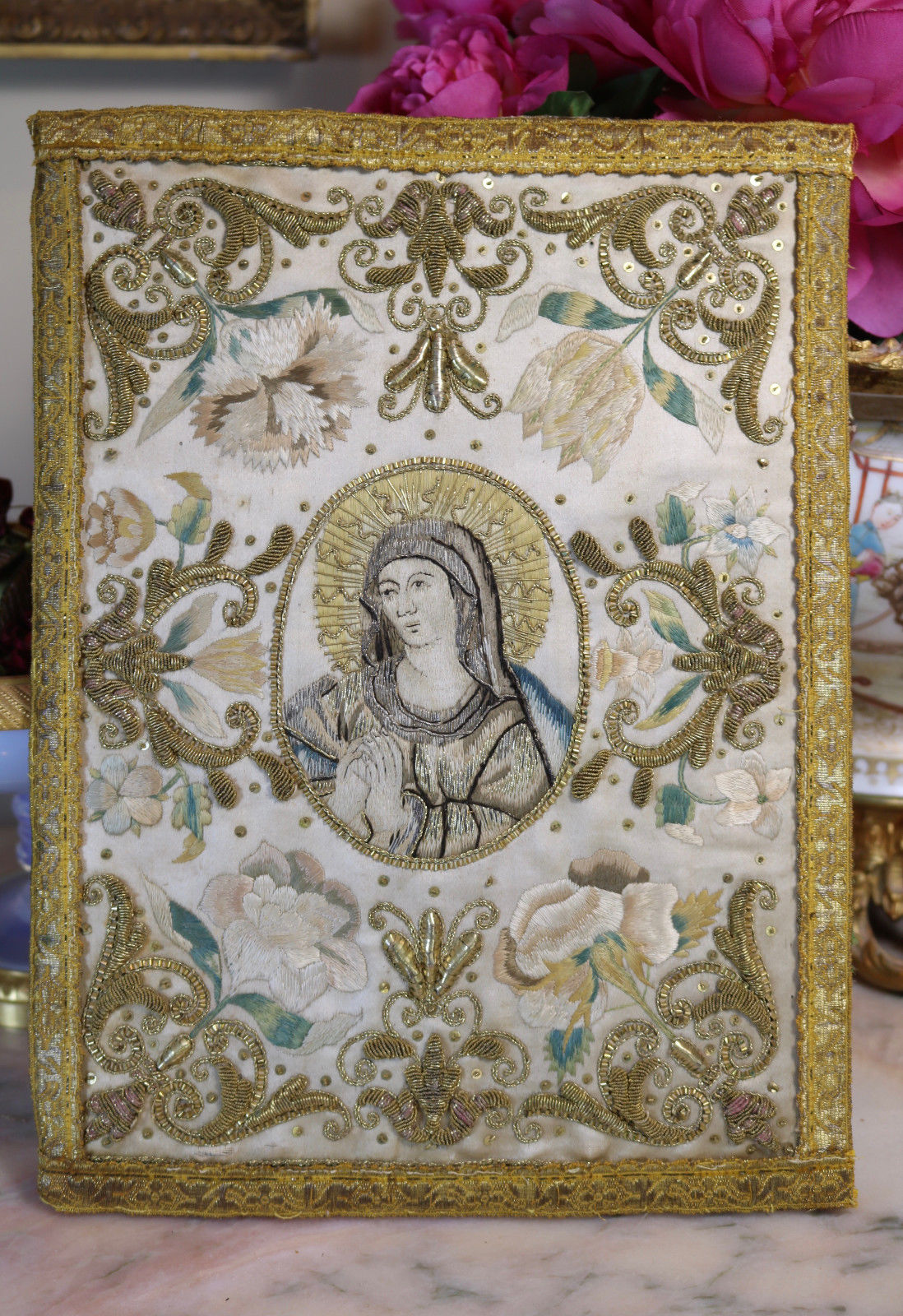 C18th French Religious Embroidery Silk Madonna  Gold Metallic Monastery Work