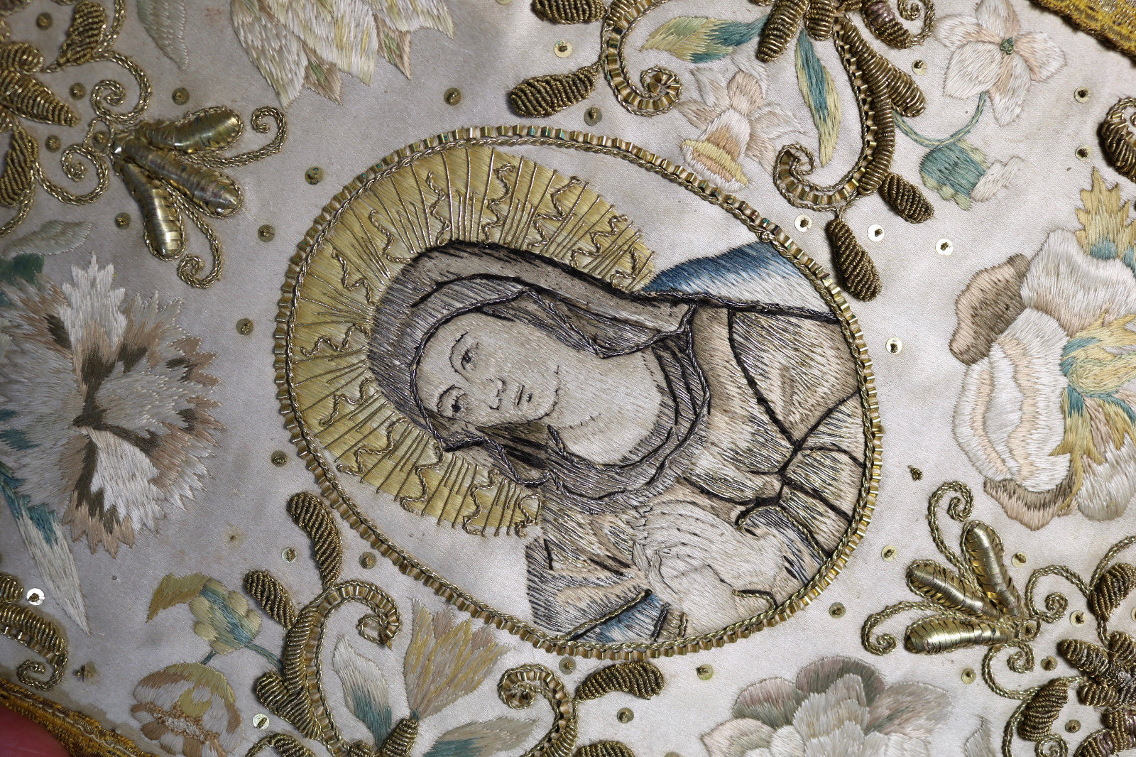 C18th French Religious Embroidery Silk Madonna  Gold Metallic Monastery Work