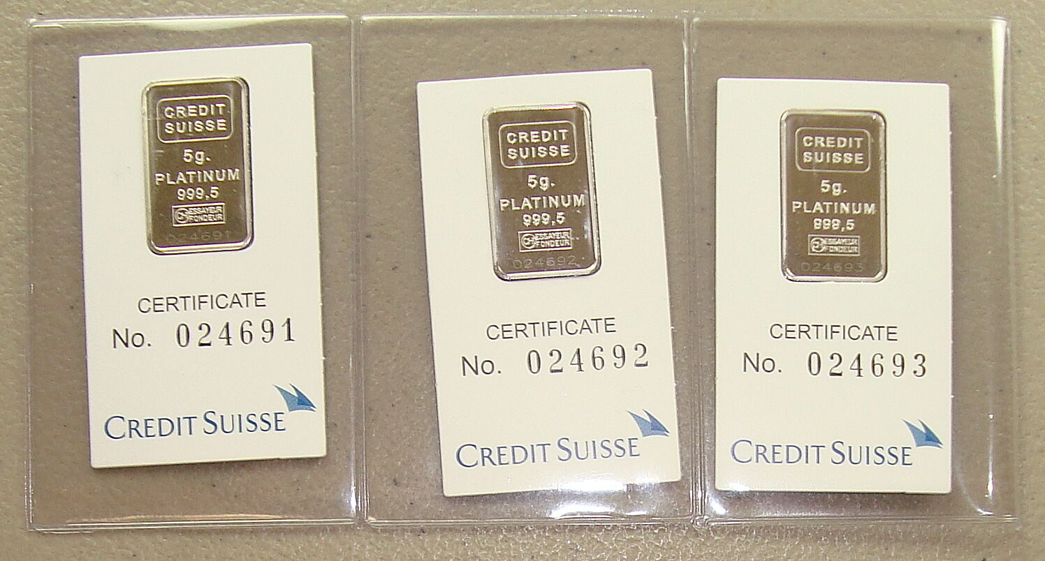 Lot of (3) Credit Suisse .9995 Fine 5 Gram Platinum Bullion Bars