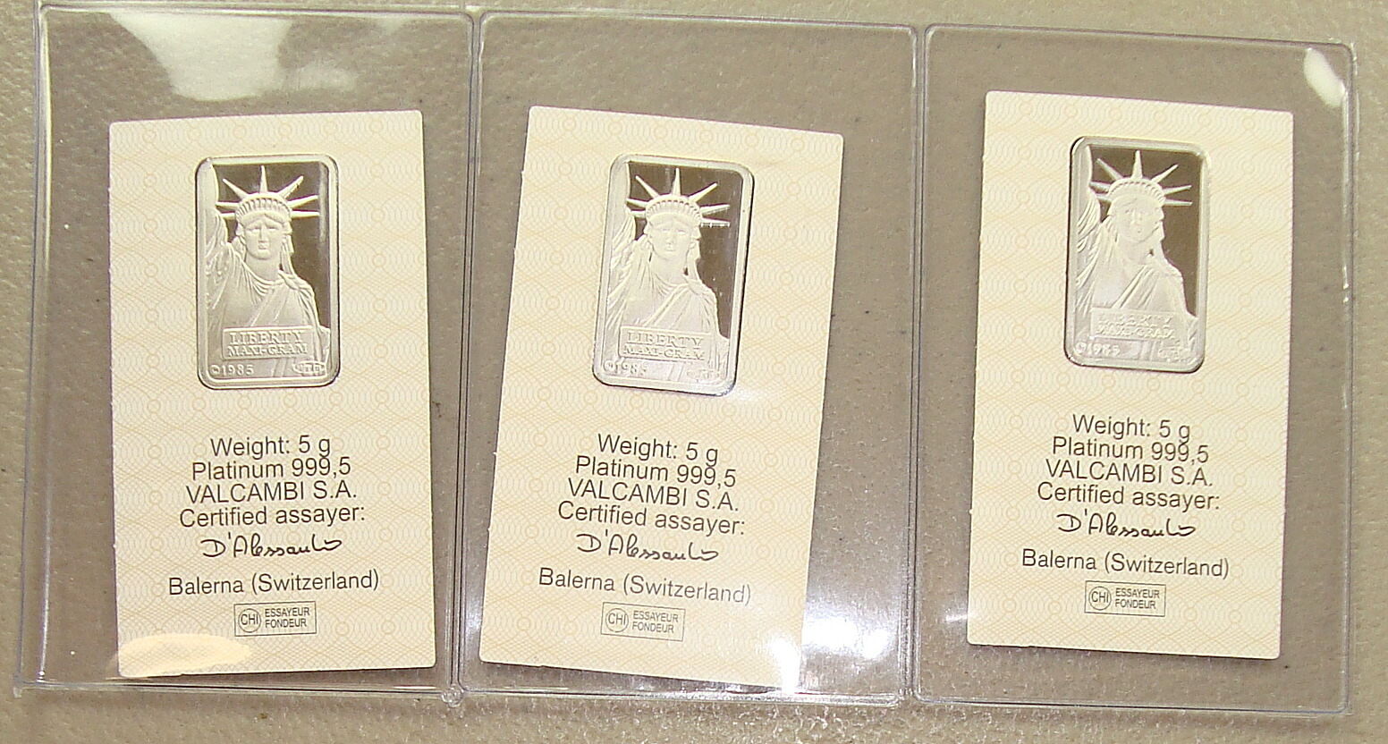 Lot of (3) Credit Suisse .9995 Fine 5 Gram Platinum Bullion Bars