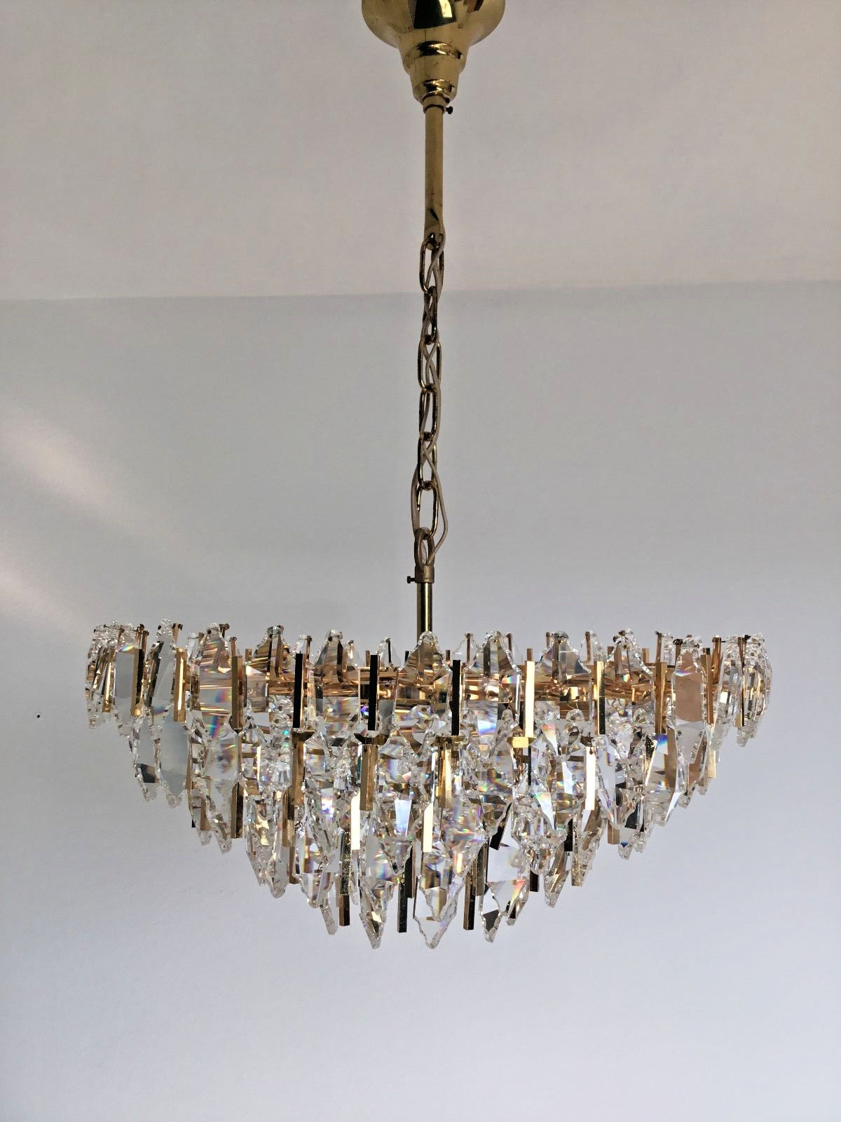 Palwa Gilt Brass Crystal Chandelier Mid Century Modern