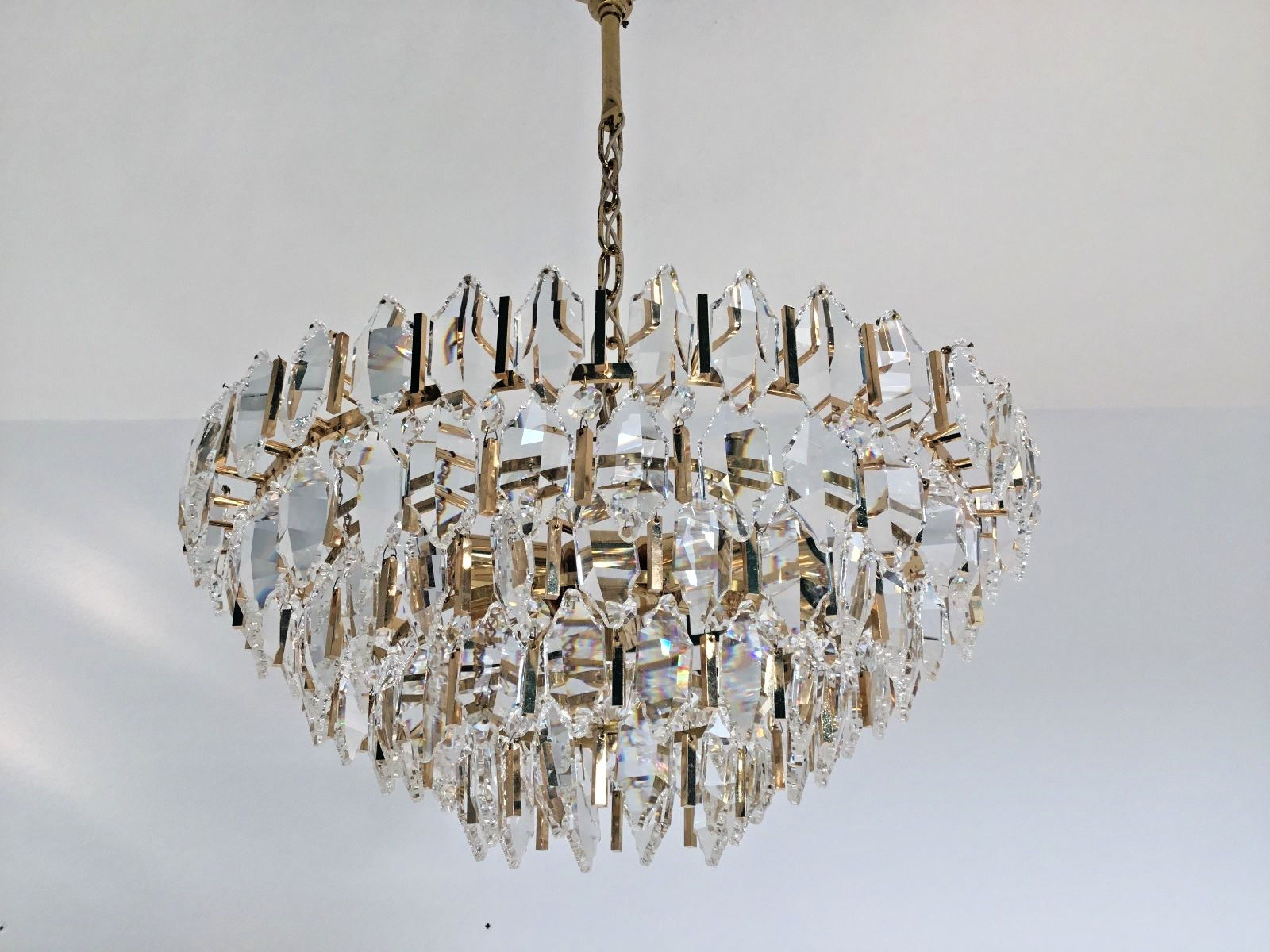 Palwa Gilt Brass Crystal Chandelier Mid Century Modern