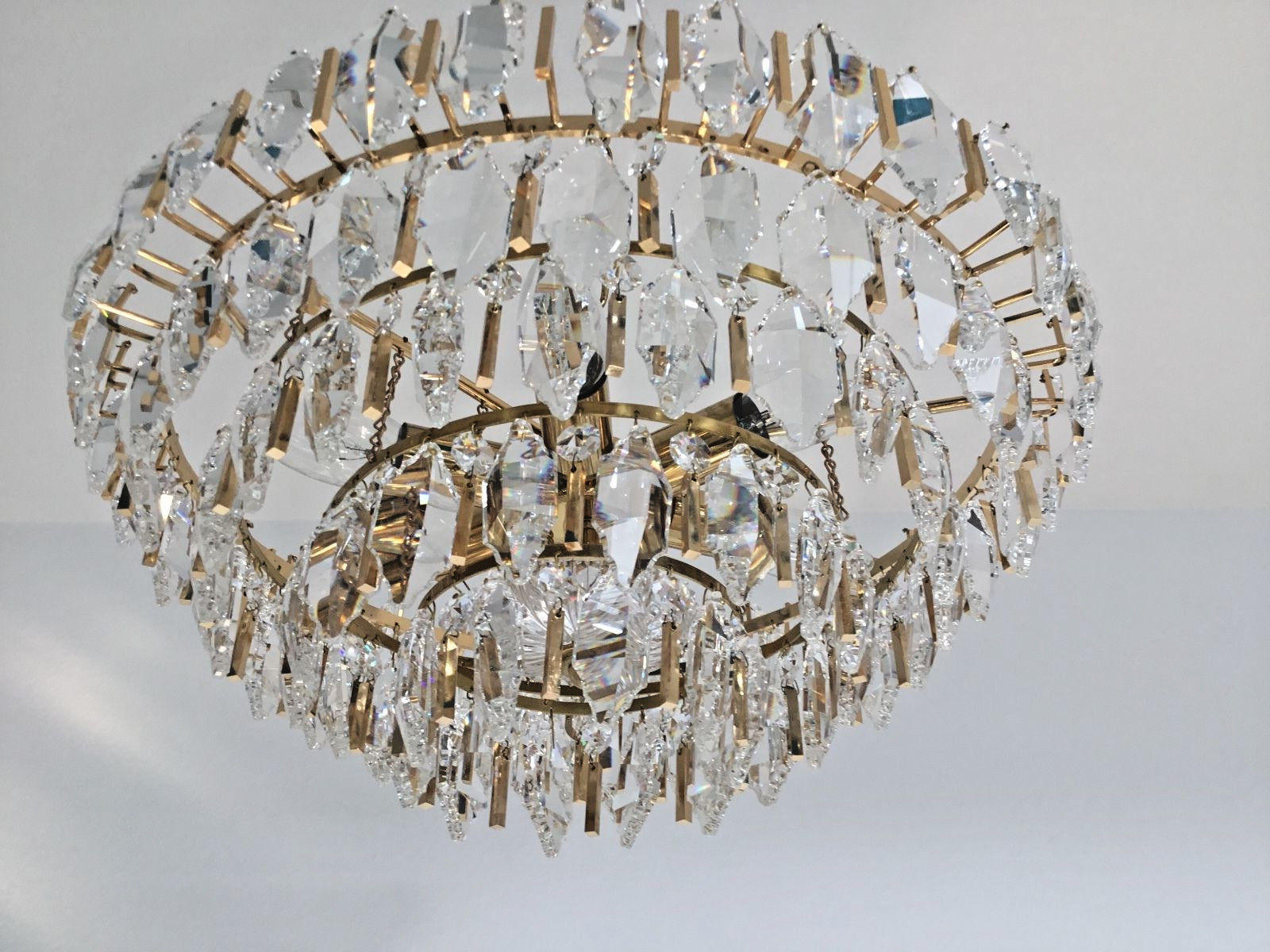 Palwa Gilt Brass Crystal Chandelier Mid Century Modern