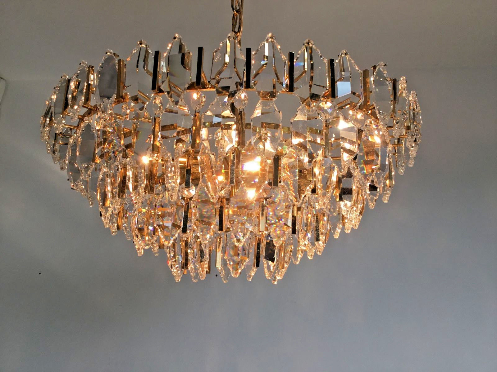 Palwa Gilt Brass Crystal Chandelier Mid Century Modern