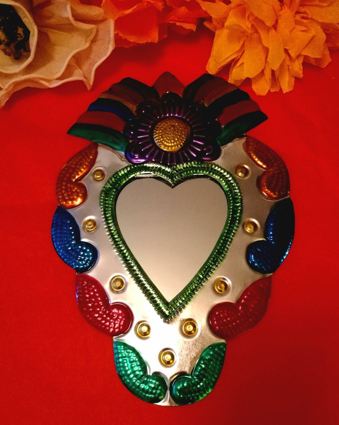 Mexican Tin Folk Art Mirror Gorgeous Colourful Heart w/flowers Authentic Oaxaca