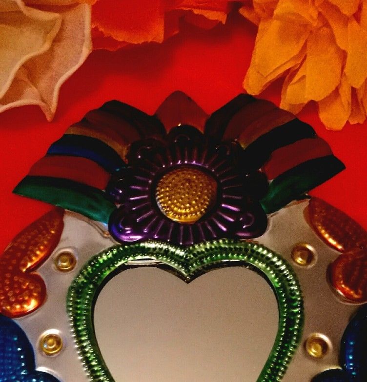 Mexican Tin Folk Art Mirror Gorgeous Colourful Heart w/flowers Authentic Oaxaca