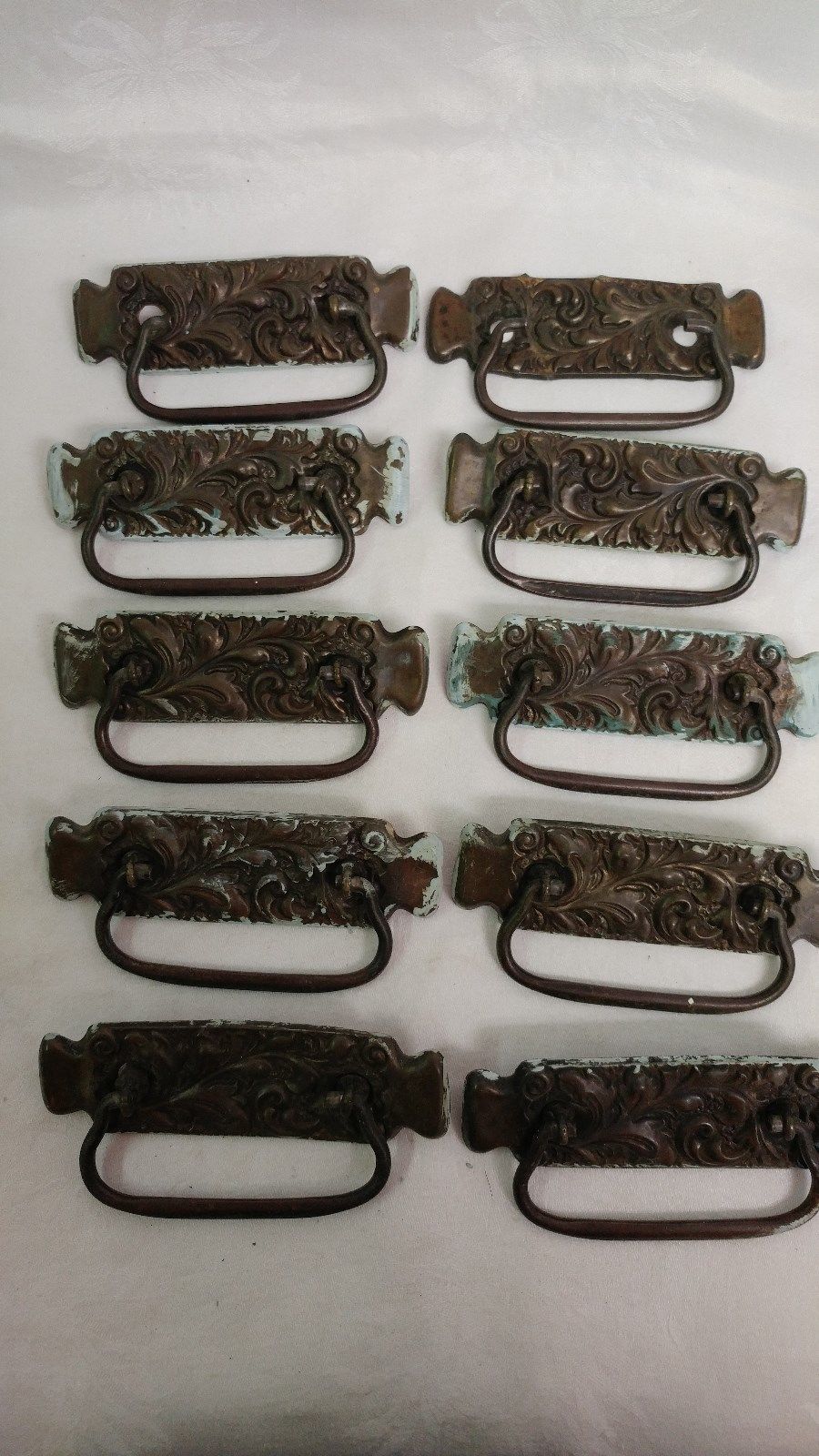 10 Antique Drawer Pulls, Hardware-Fancy Brass backplates with steel bails NICE!