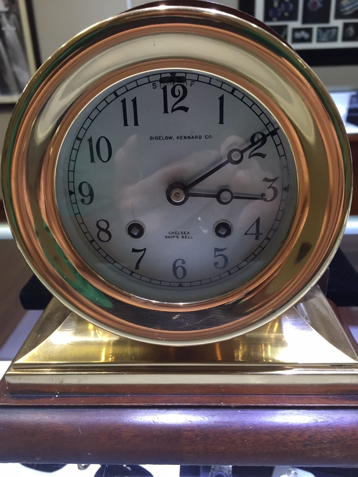 CHELSEA COMMANDER SHIPS BELL CLOCK MAHOGANY CIRCA 1910 - 1914 PRESENTATION