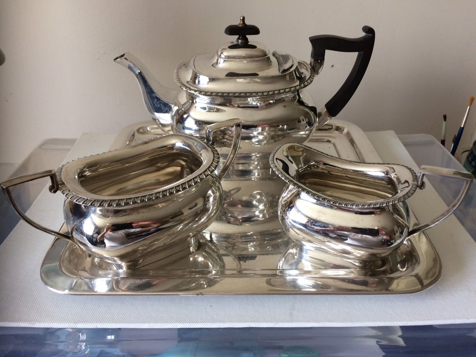 Antique Walker and Hall Silver Plate 3 piece Tea Set + EPNS Tray By EJH
