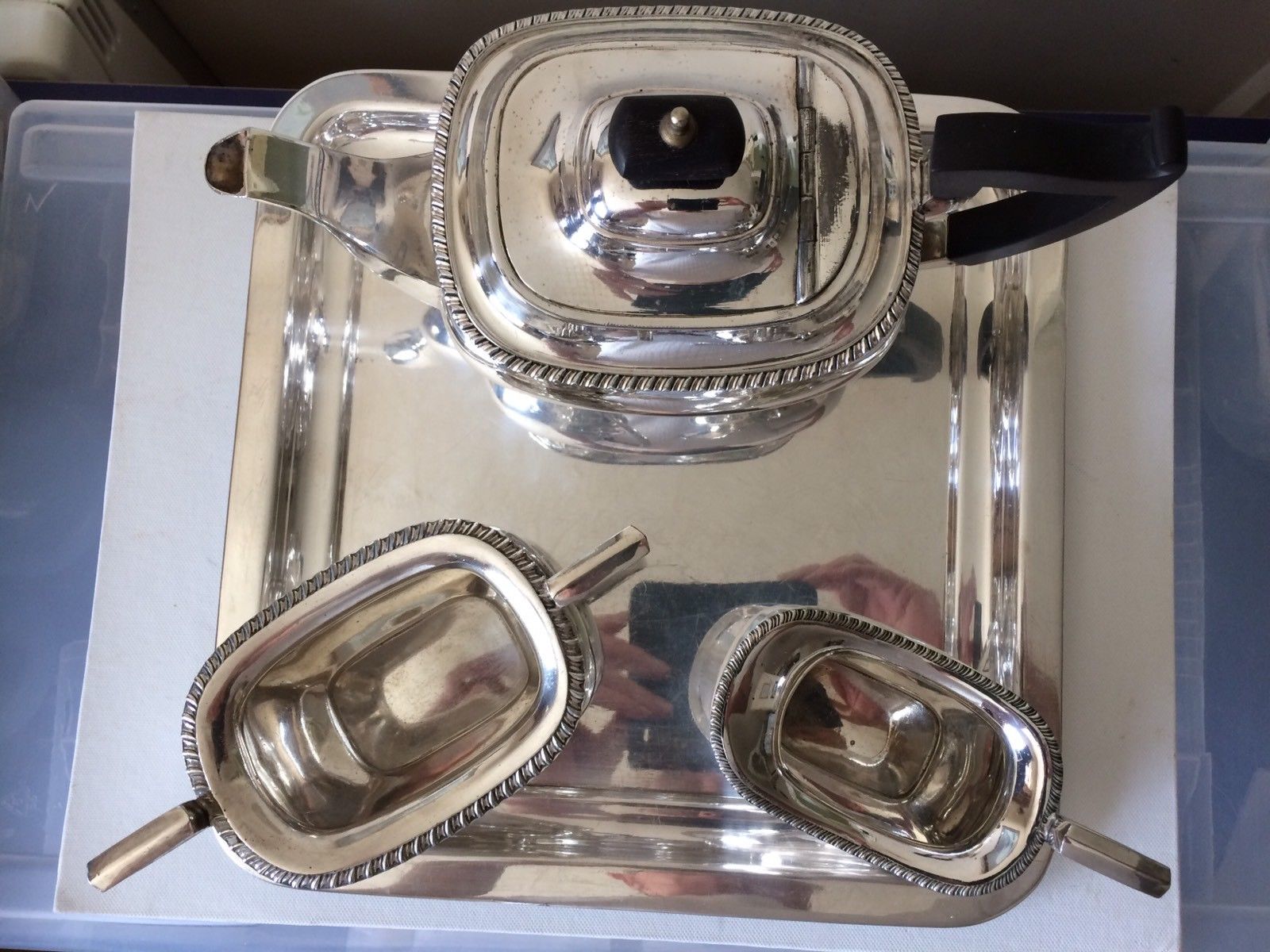 Antique Walker and Hall Silver Plate 3 piece Tea Set + EPNS Tray By EJH