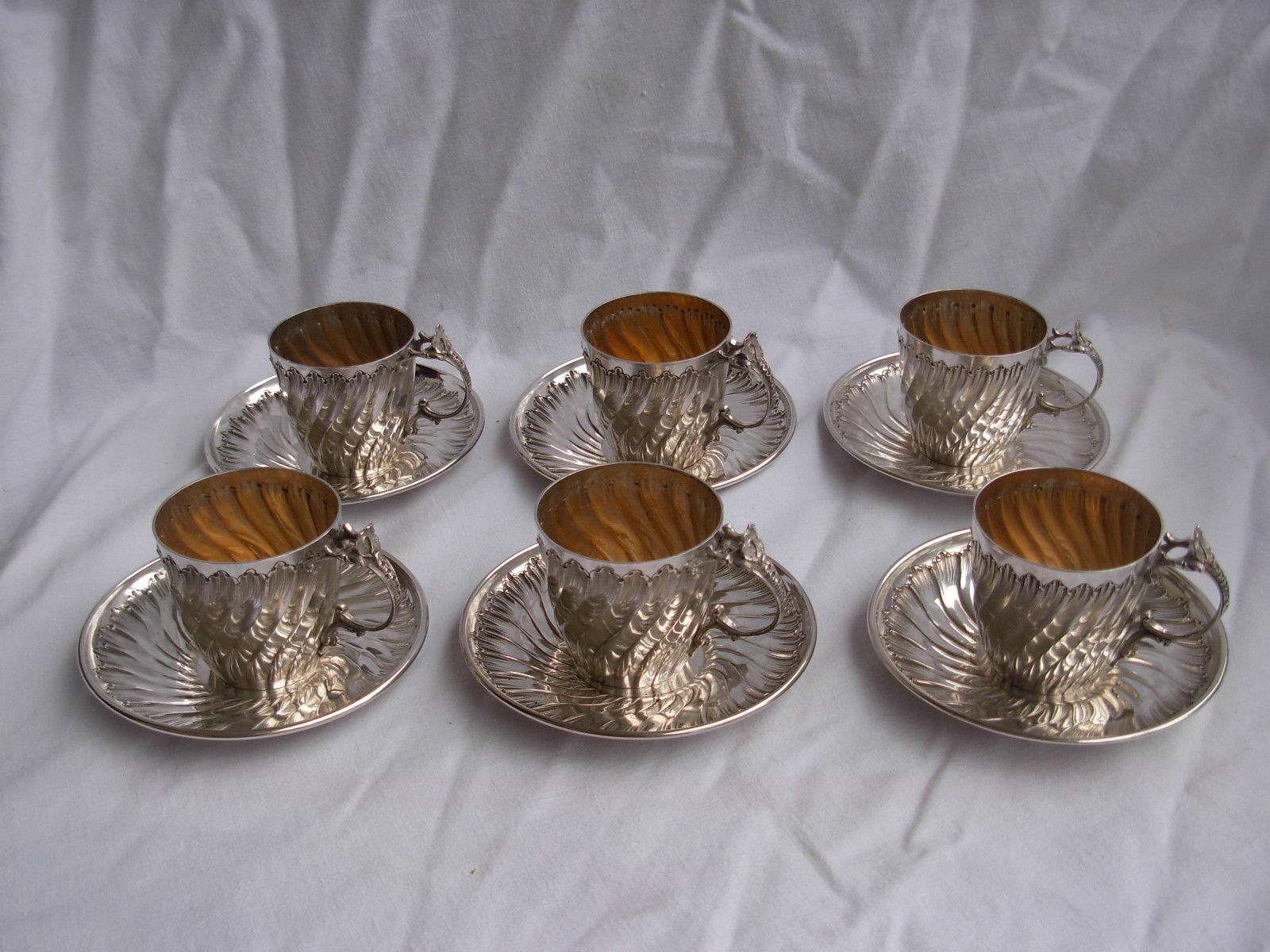 ANTIQUE FRENCH STERLING SILVER COFFEE CUPS & SAUCERS,SET OF 6,LATE 19th CENTURY.