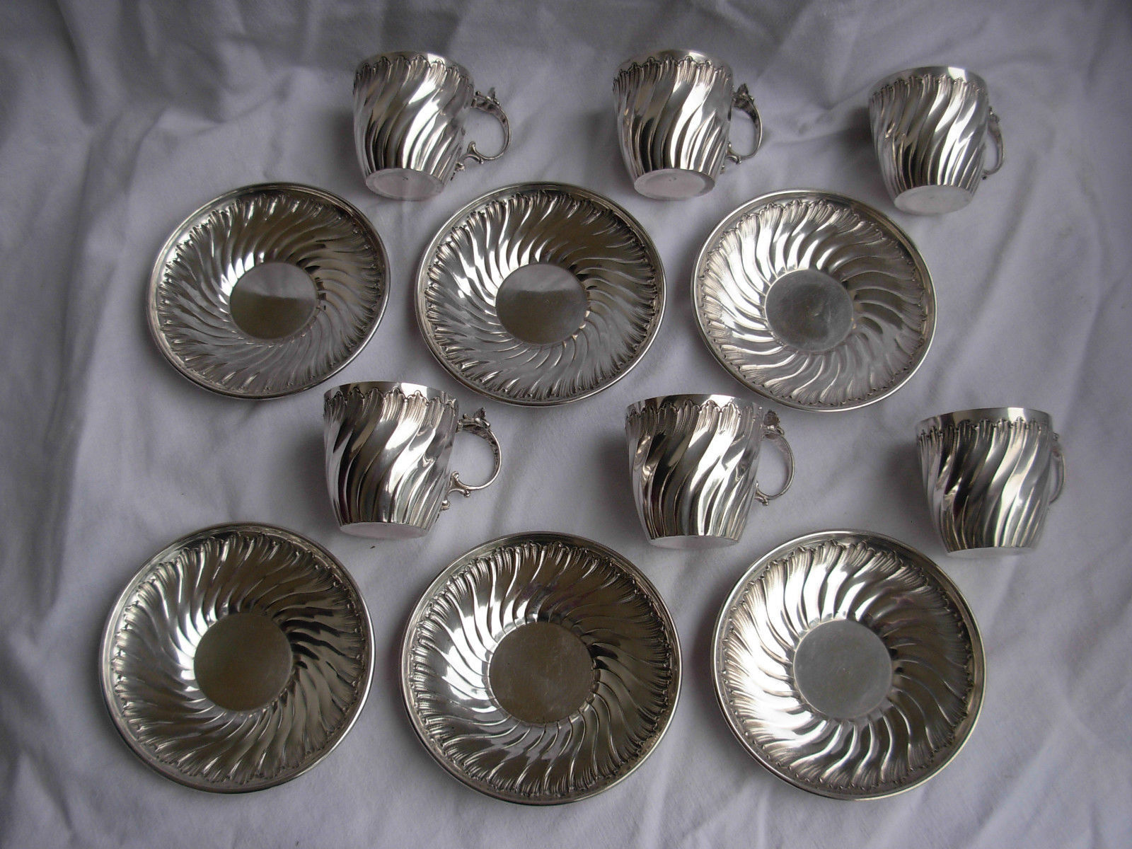 ANTIQUE FRENCH STERLING SILVER COFFEE CUPS & SAUCERS,SET OF 6,LATE 19th CENTURY.