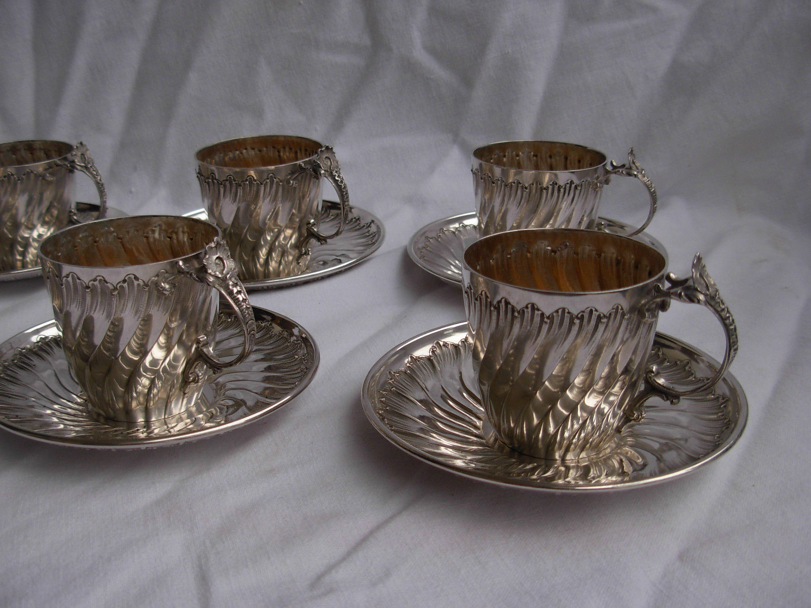 ANTIQUE FRENCH STERLING SILVER COFFEE CUPS & SAUCERS,SET OF 6,LATE 19th CENTURY.