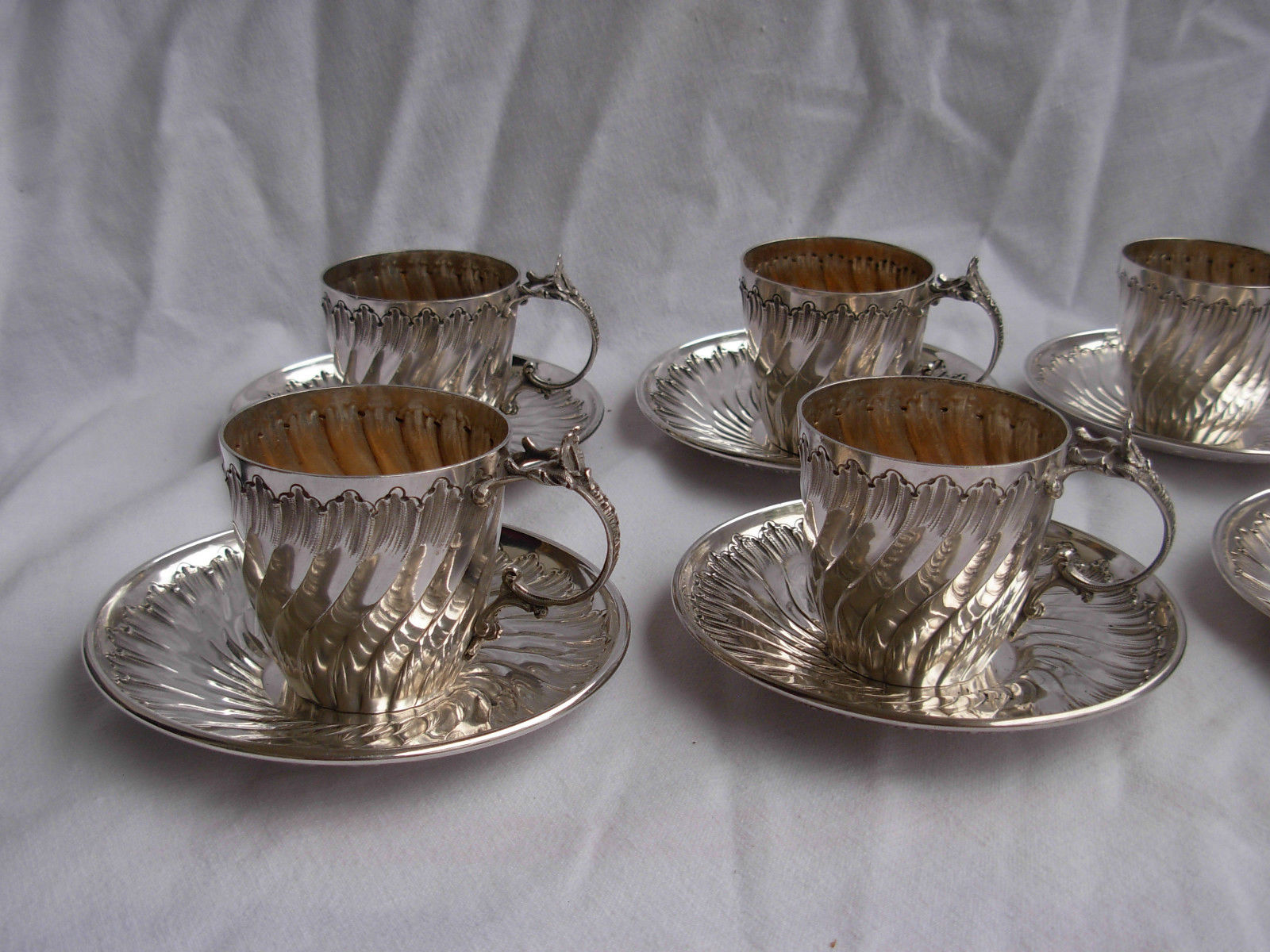 ANTIQUE FRENCH STERLING SILVER COFFEE CUPS & SAUCERS,SET OF 6,LATE 19th CENTURY.